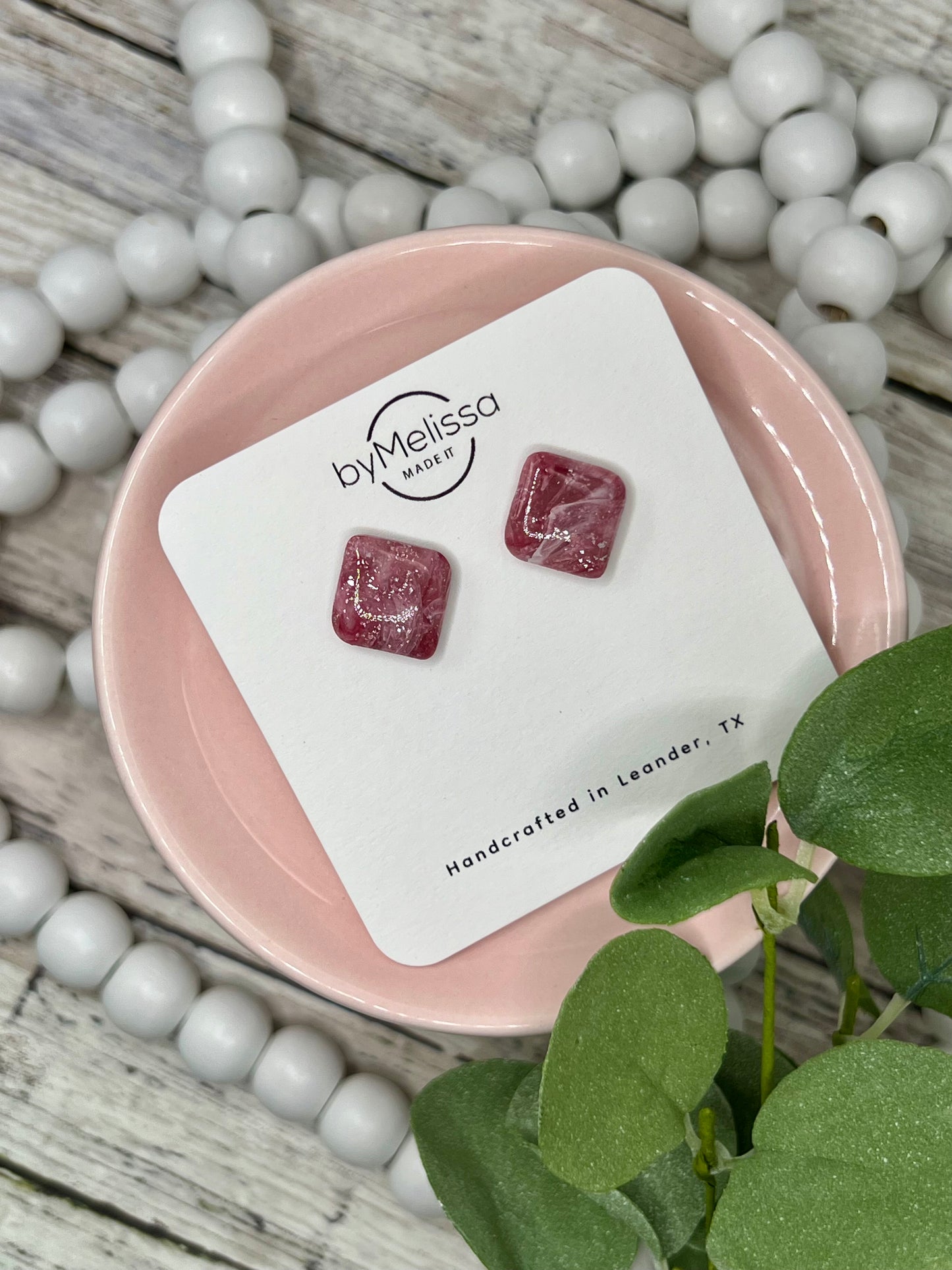 Maroon, Pink, and White Rounded Square Stud Earrings