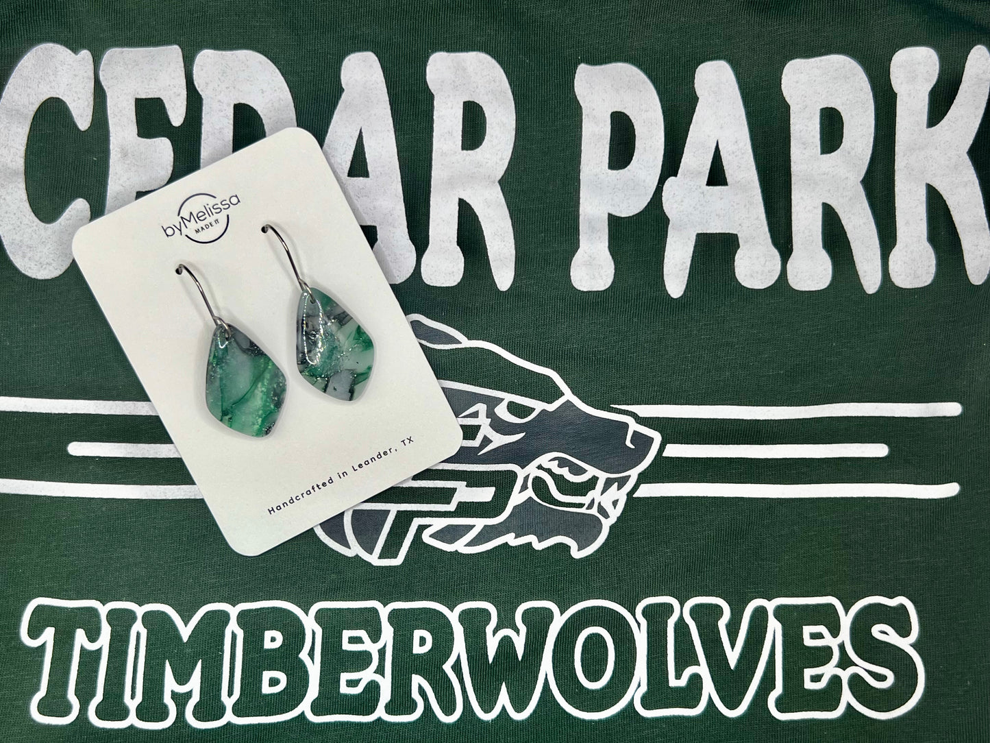Cedar Park High School earrings, green and black CPHS spirit jewelry, Timberwolves game day accessory