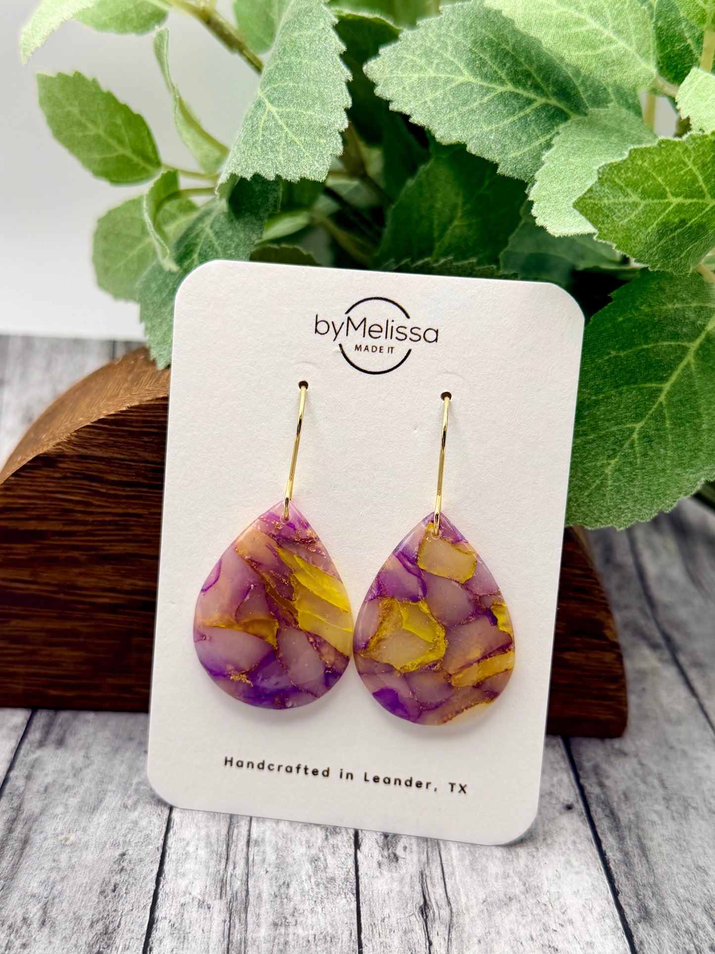 Purple and Gold Small Wide Teardrop Drop Earrings in Gold