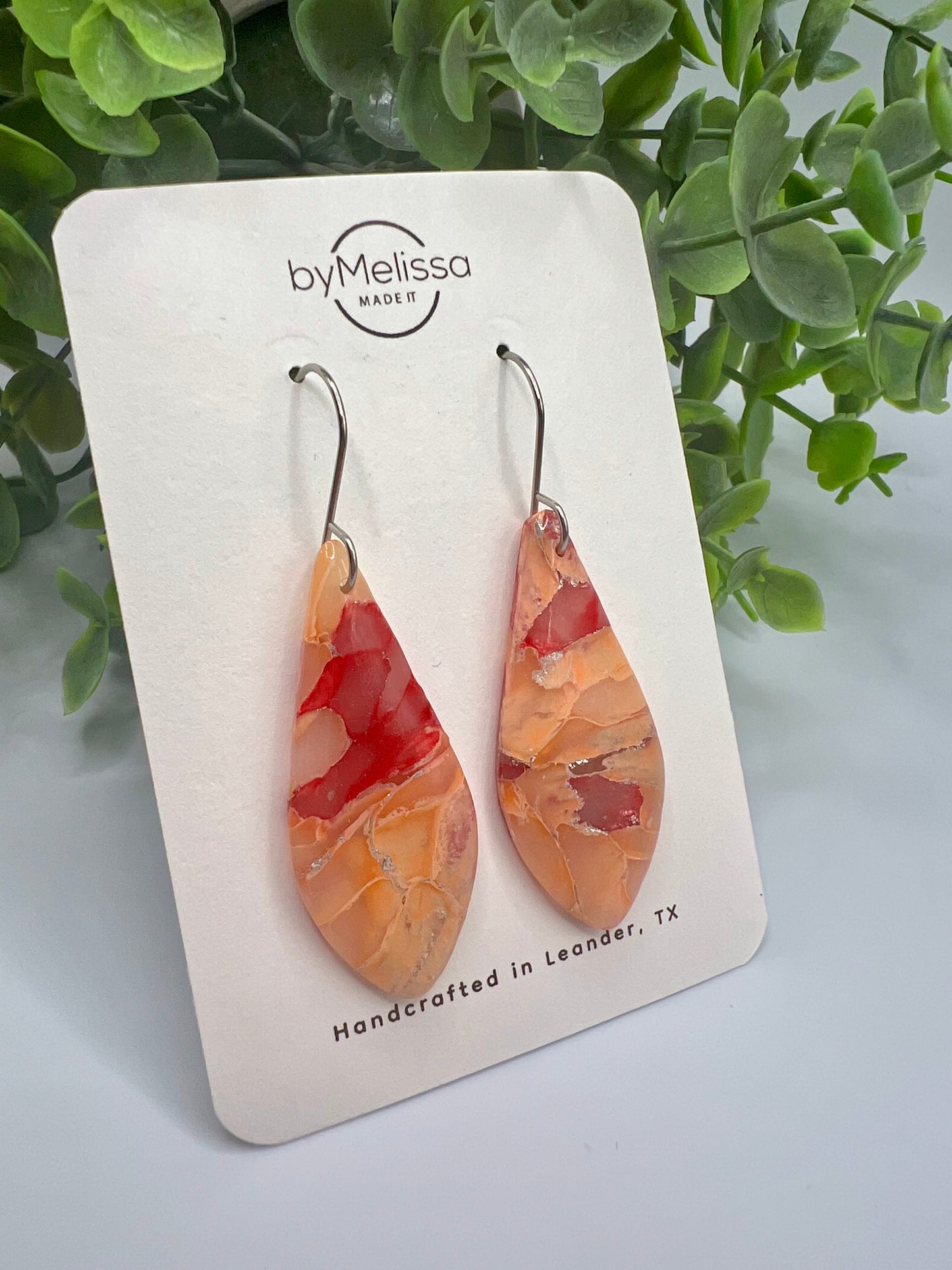 Red and Orange Small Elongated Kite Drop Earrings in Silver