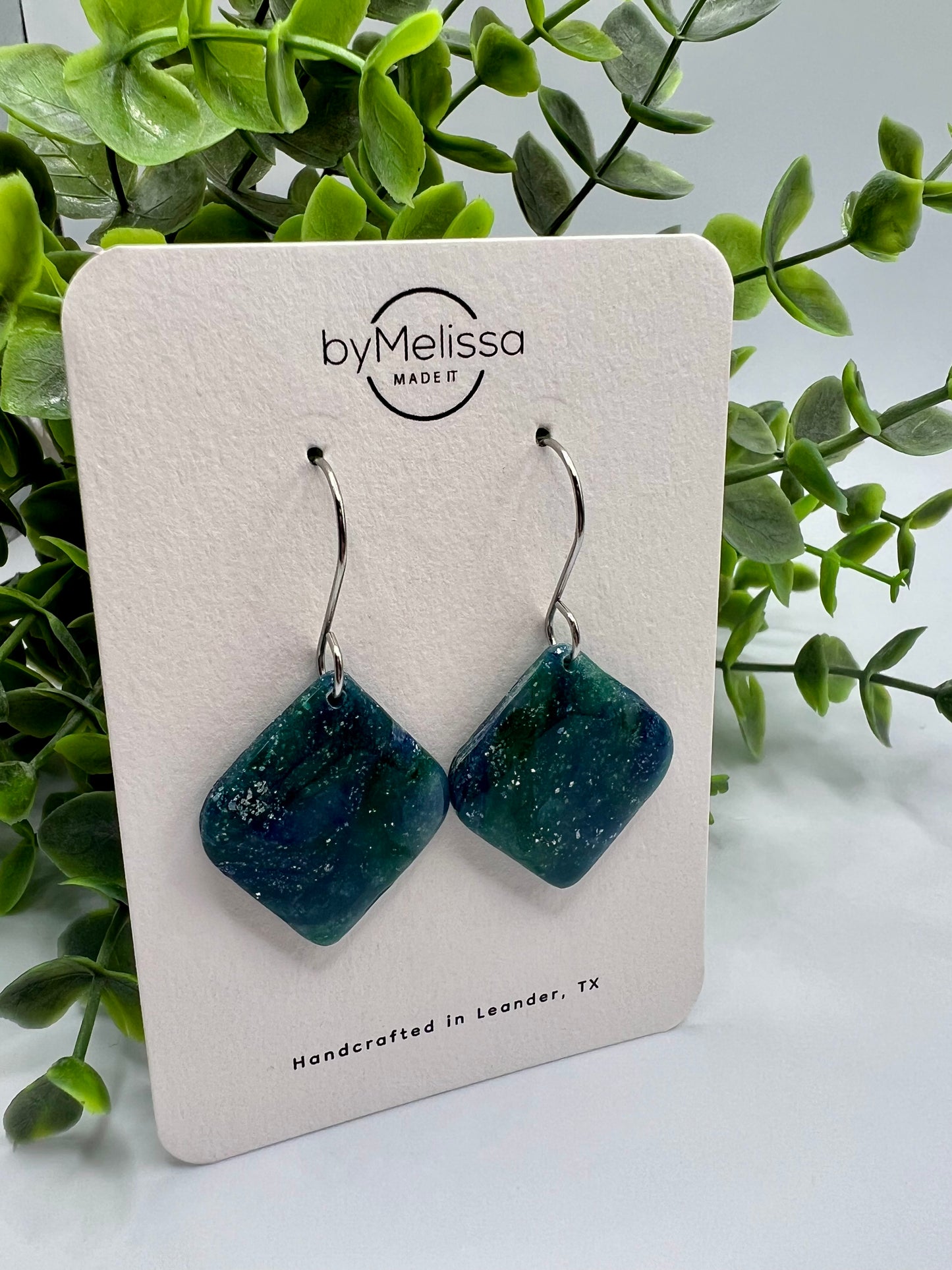 Forest Green and Blue Small Rounded Square Drop Earrings in Silver