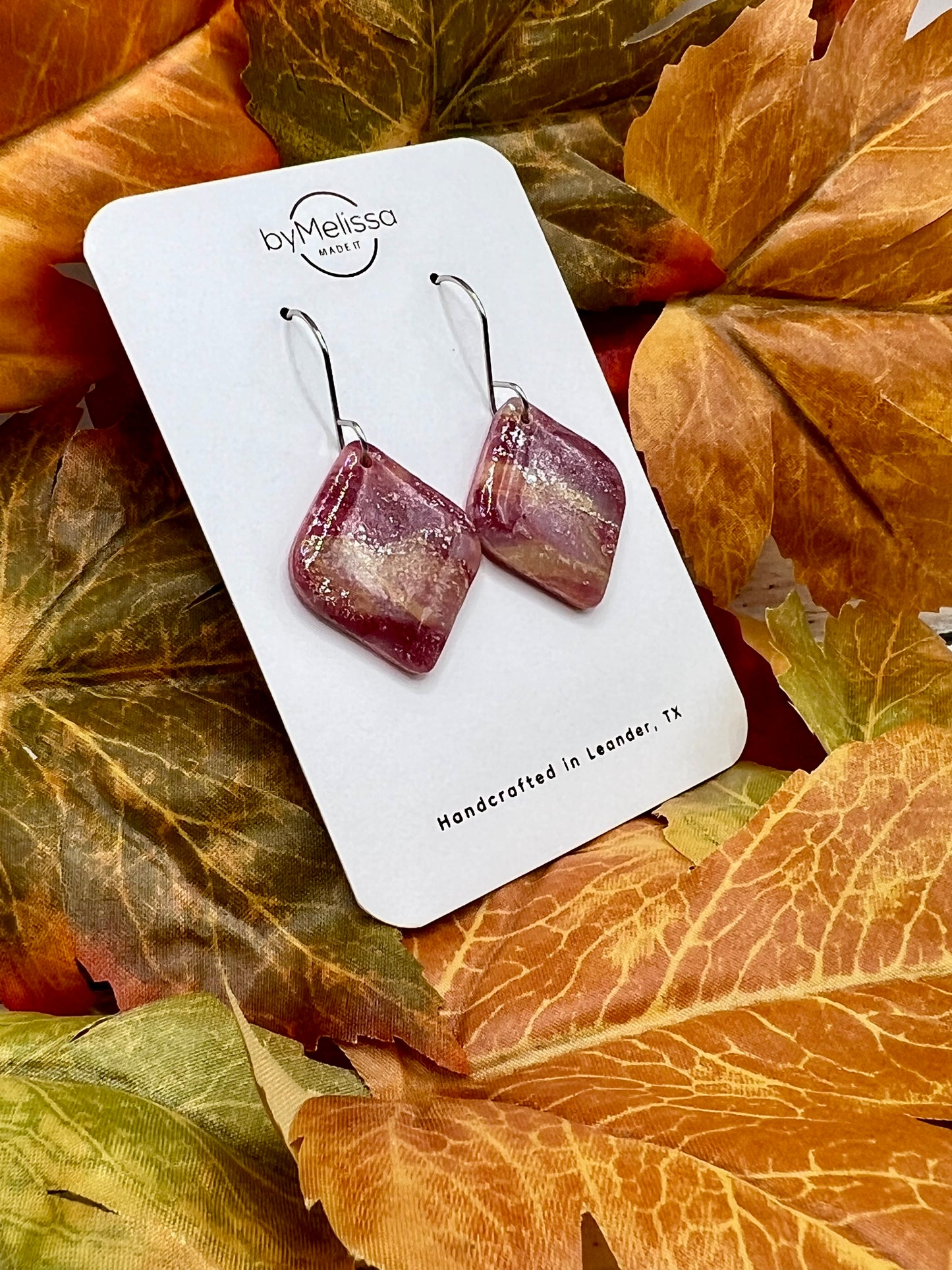 Maroon and Mustard Small Rounded Square Drop Earrings in Silver