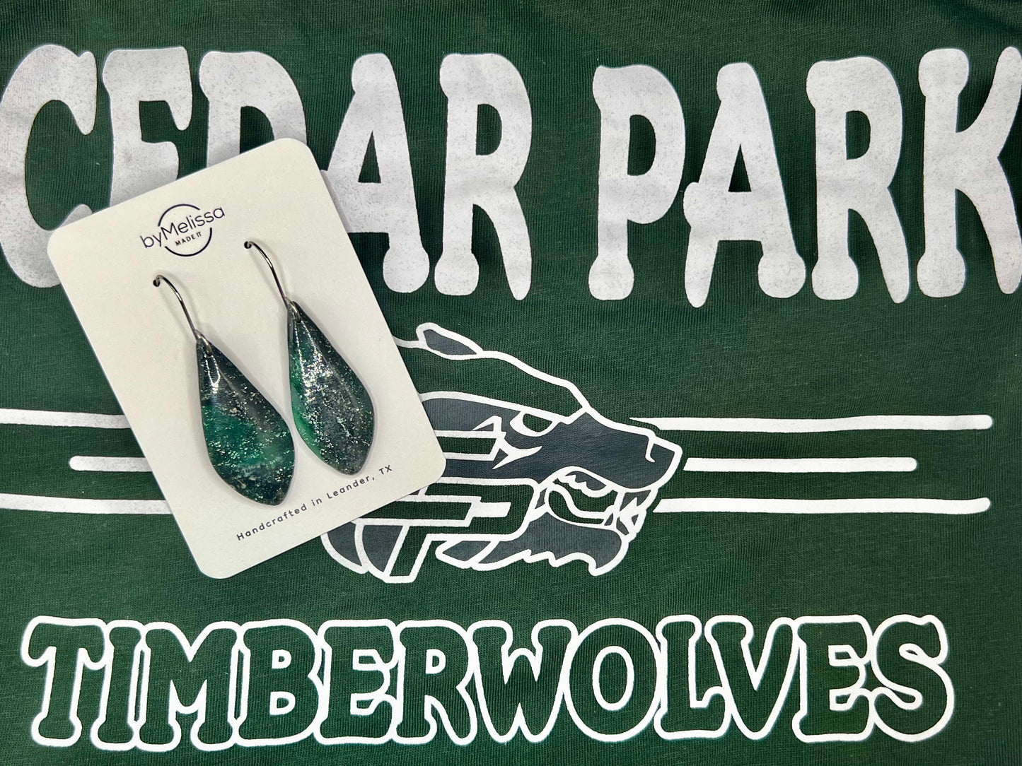 Cedar Park High School earrings, green and black CPHS spirit jewelry, Timberwolves game day accessory