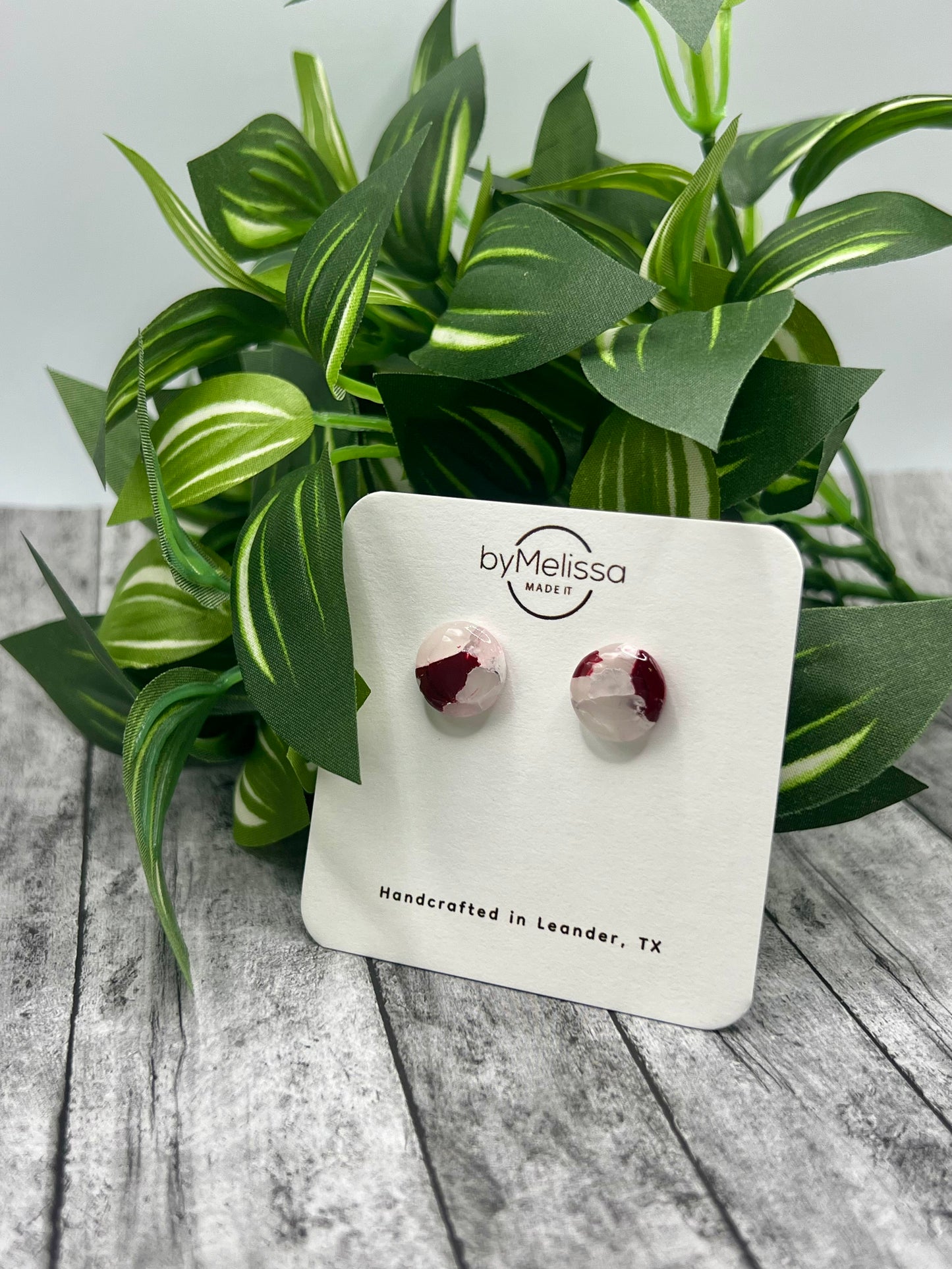 Maroon and White Small Embedded Circle Stud Earrings