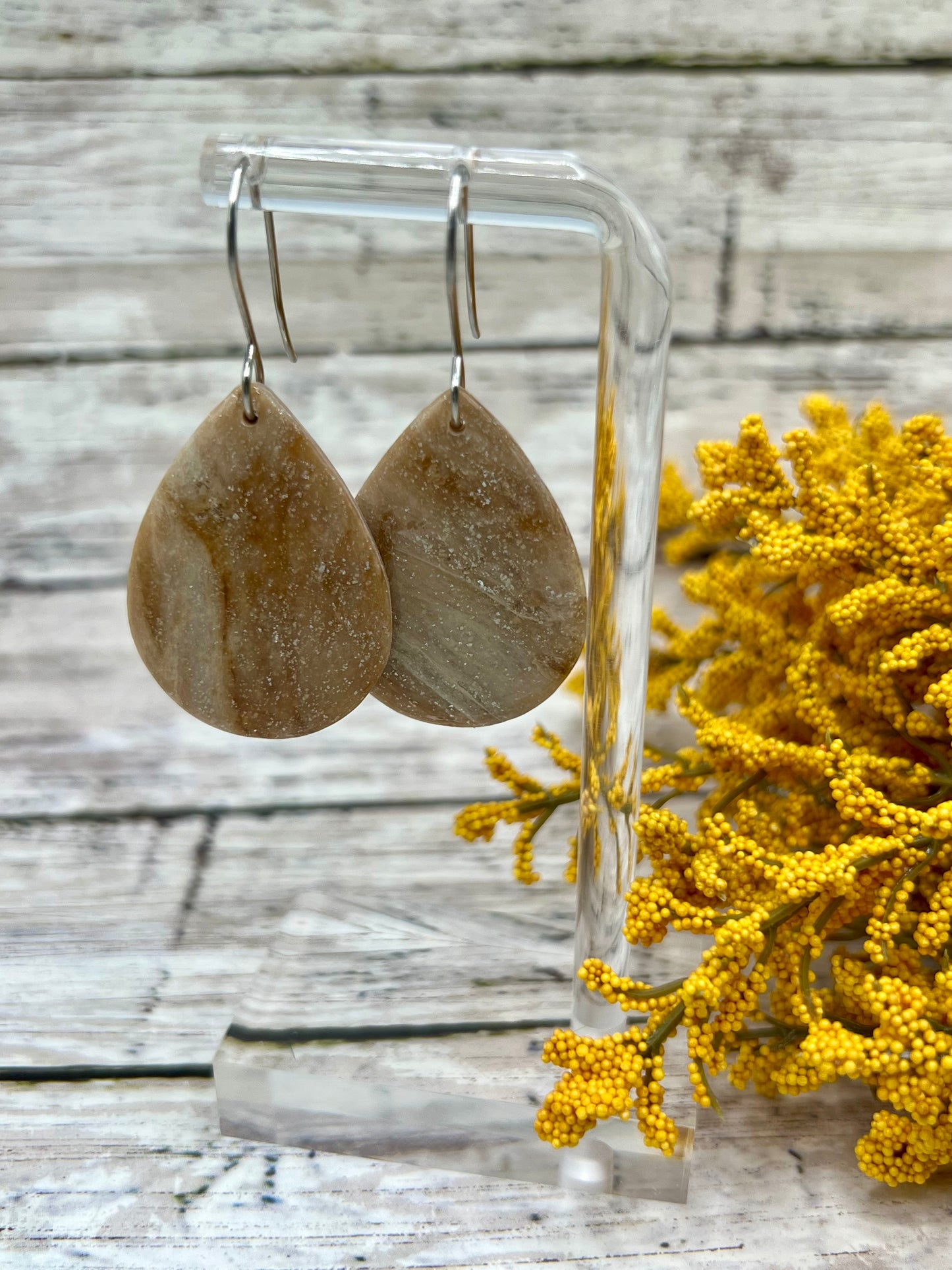 Mocha and Almond Small Wide Teardrop Drop Earrings in Silver