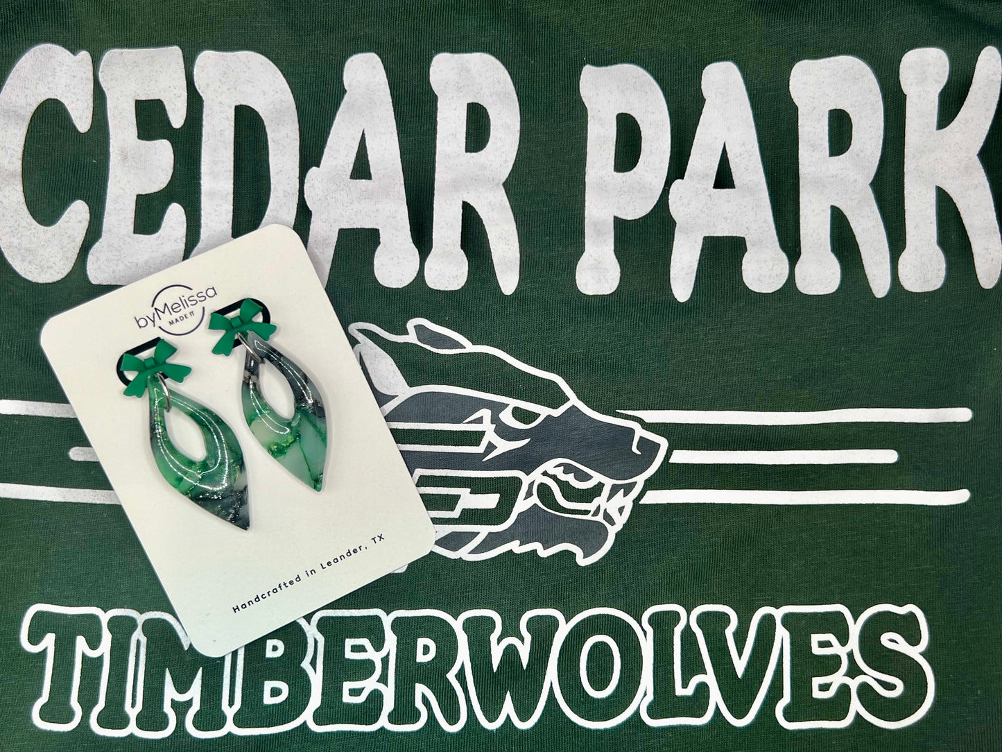 Cedar Park High School earrings, green and black CPHS spirit jewelry, Timberwolves game day accessory