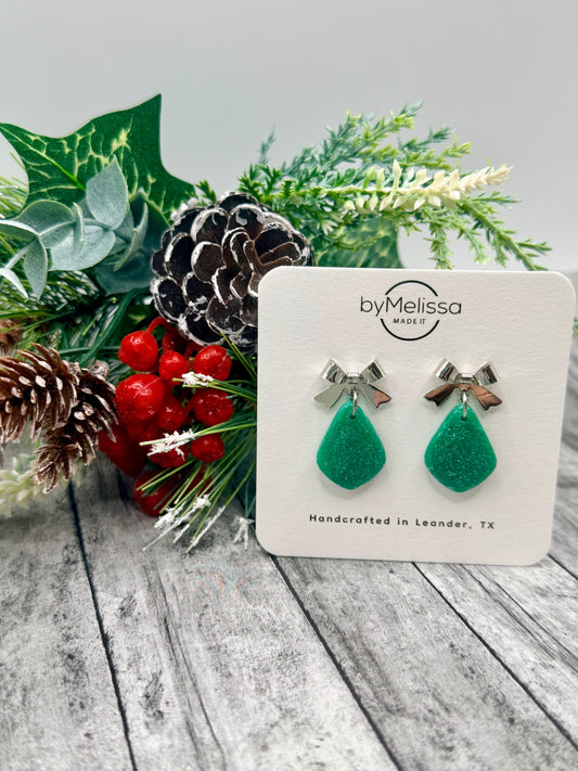 Green Petite Kite Earrings with Silver Bow Studs