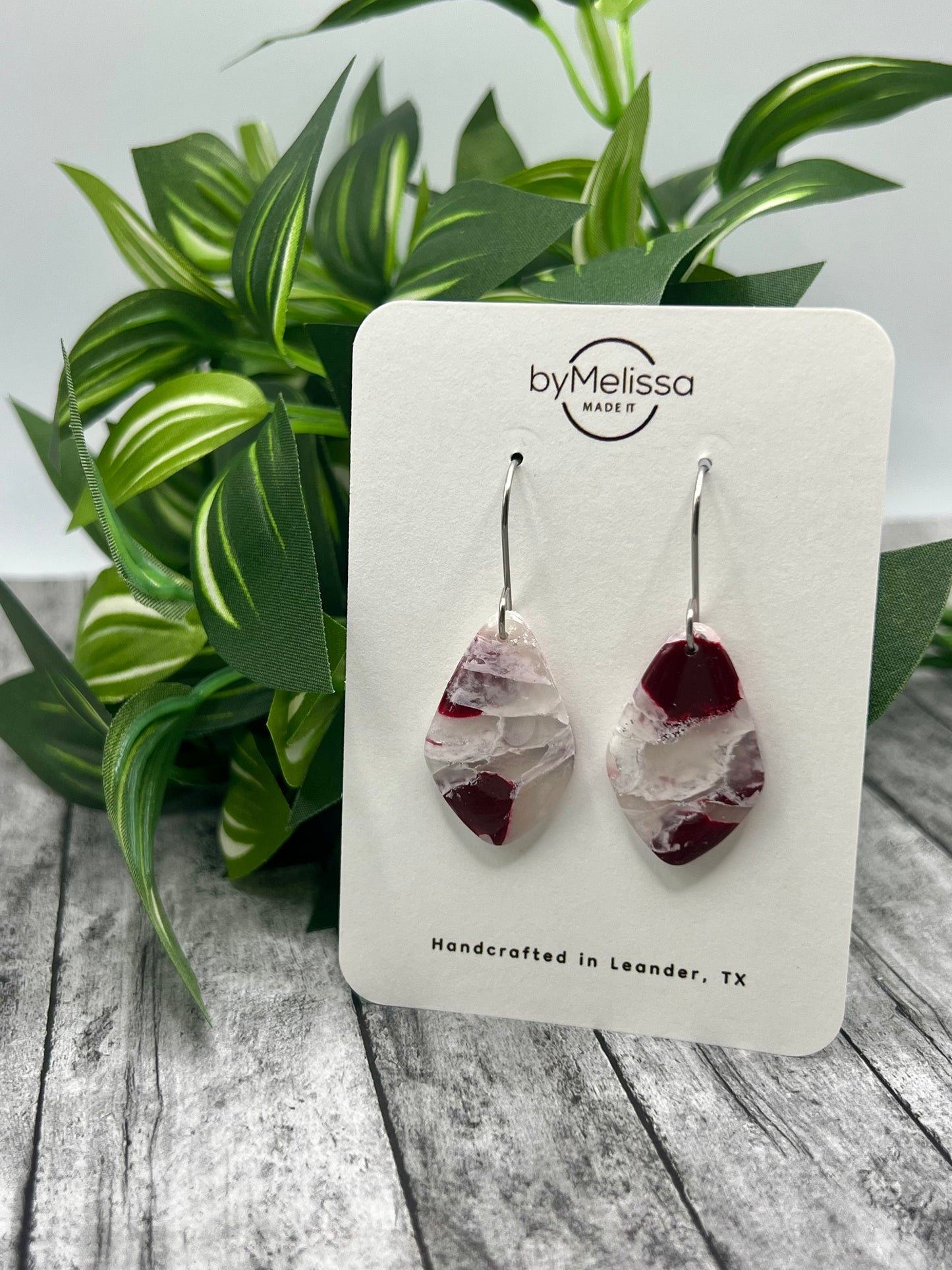 Maroon and White Small Kite Drop Earrings in Silver