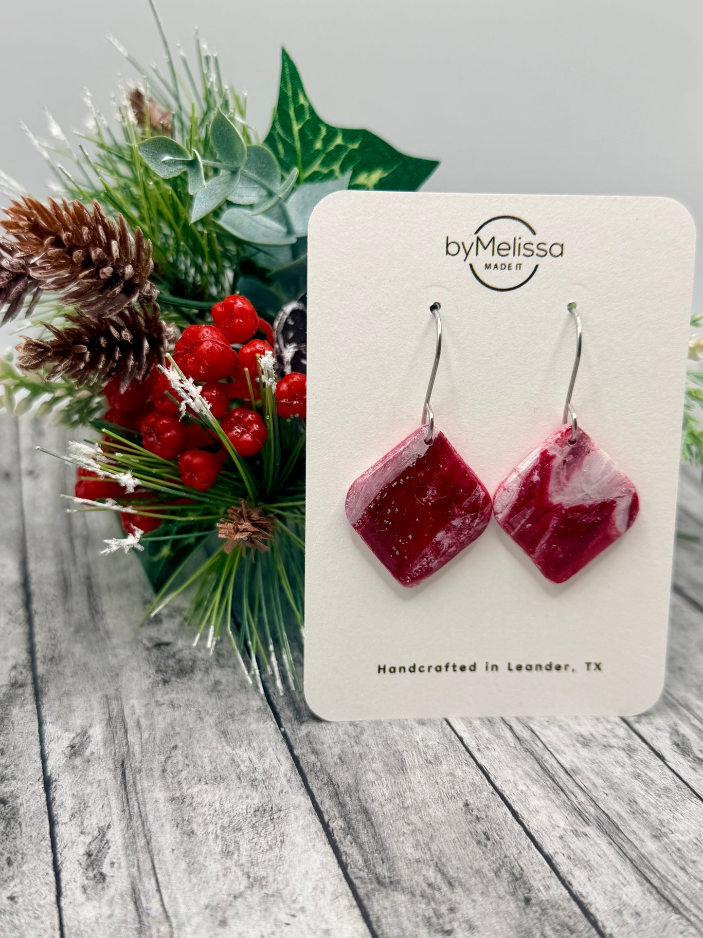 Red and White Small Rounded Square Drop Earrings in Silver