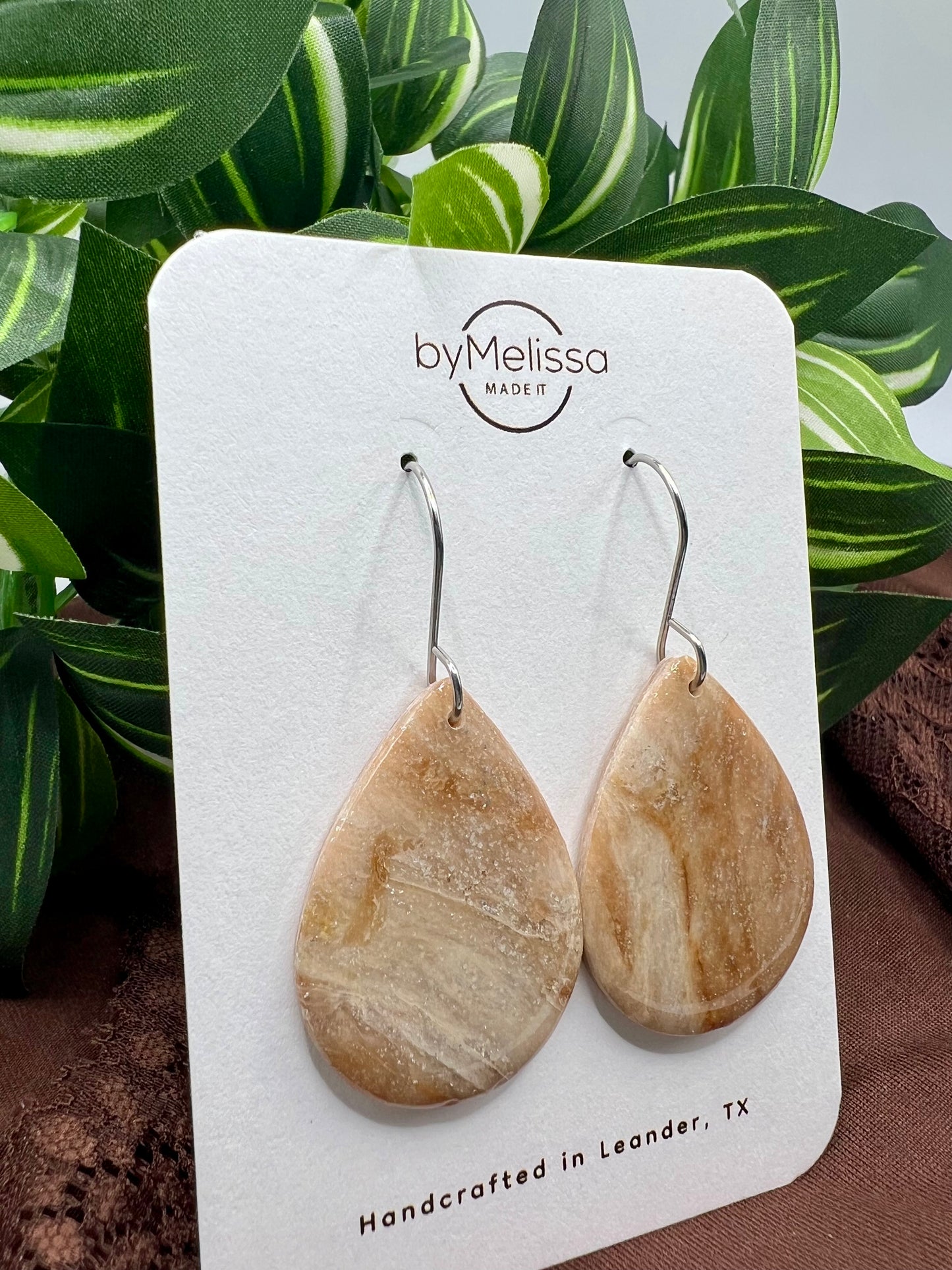 Mocha and Almond Small Wide Teardrop Drop Earrings in Silver