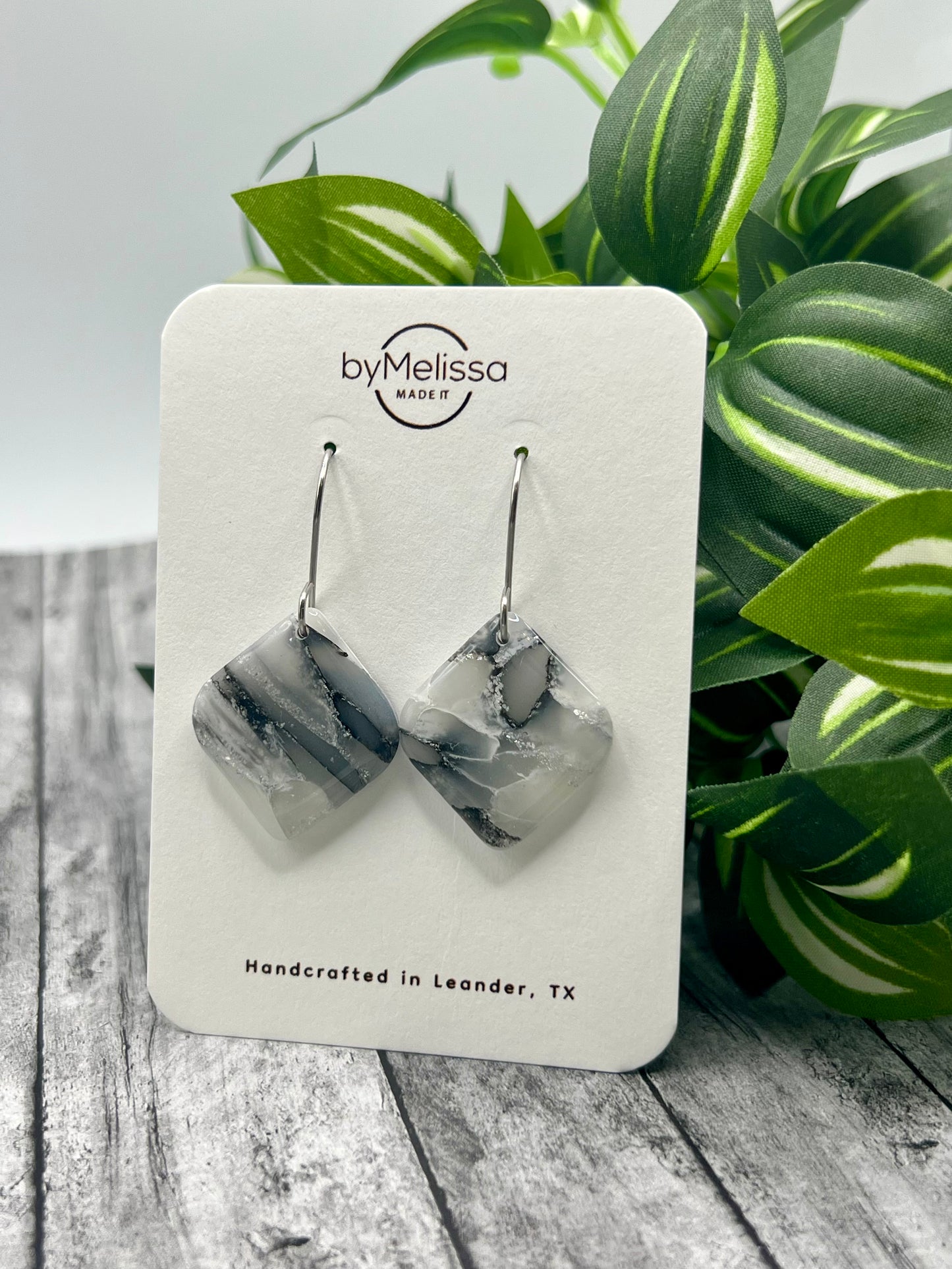 Black and White Rounded Square Drop Earrings in Silver