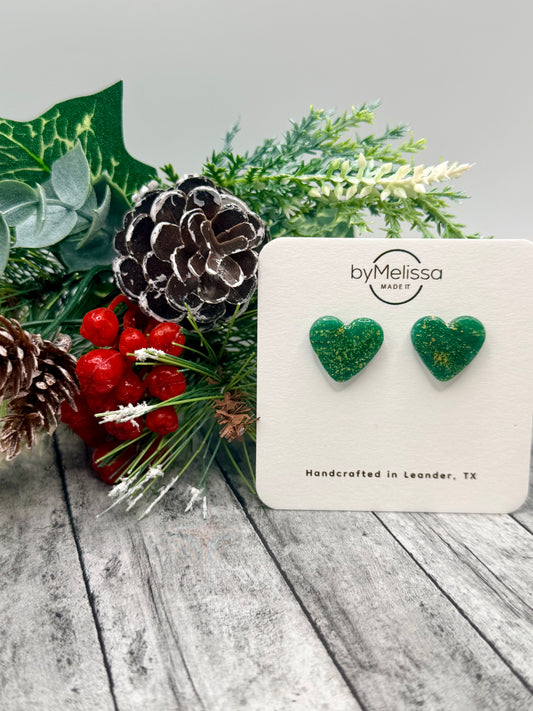 Green and Gold Heart Stud Earrings