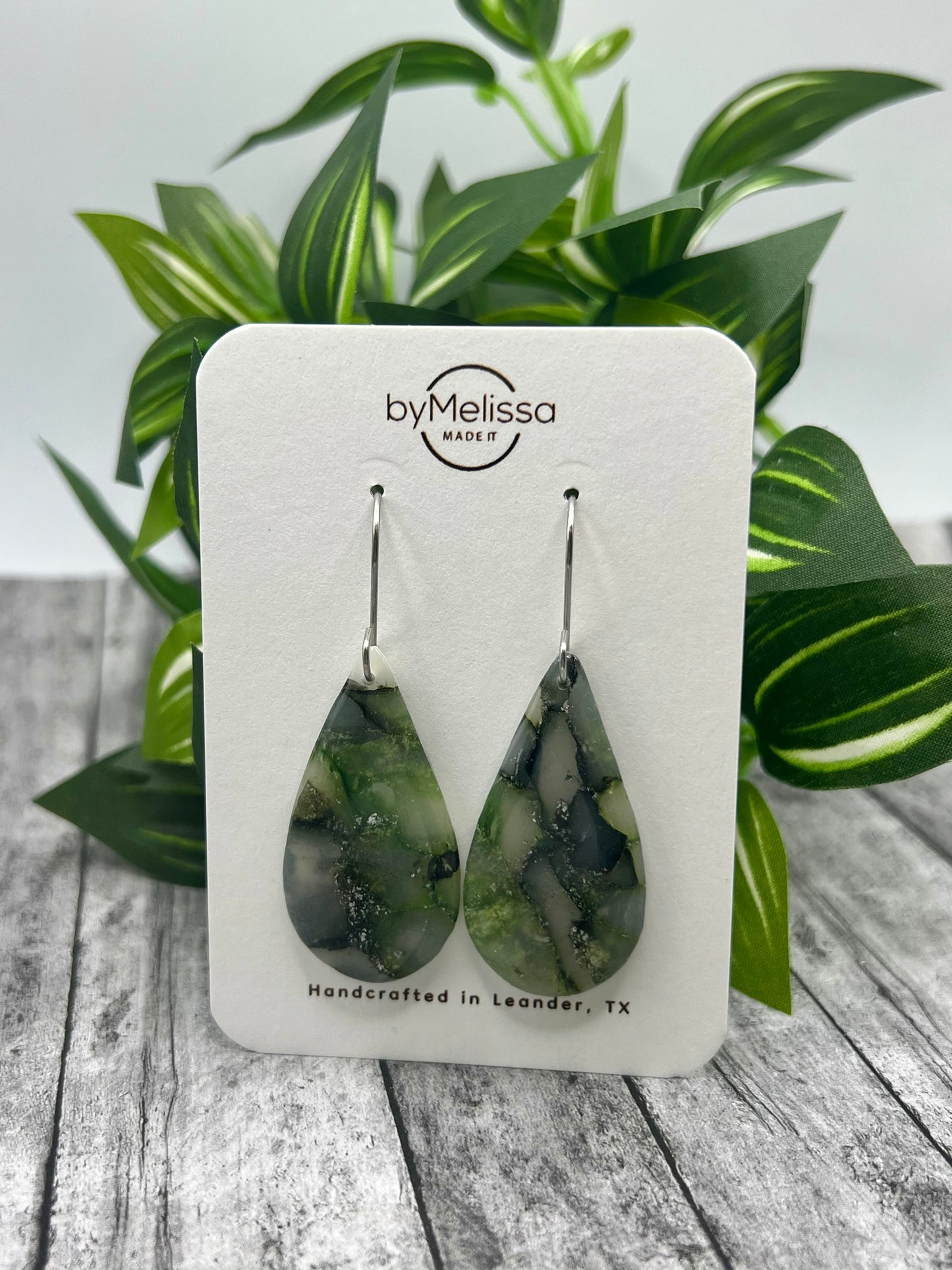 Army Green and Black Small Teardrop Drop Earrings in Silver