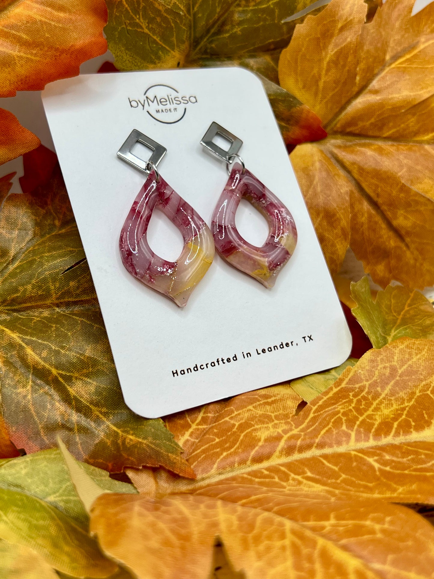 Maroon and Mustard Flame Drop with Open Silver Diamond Studs