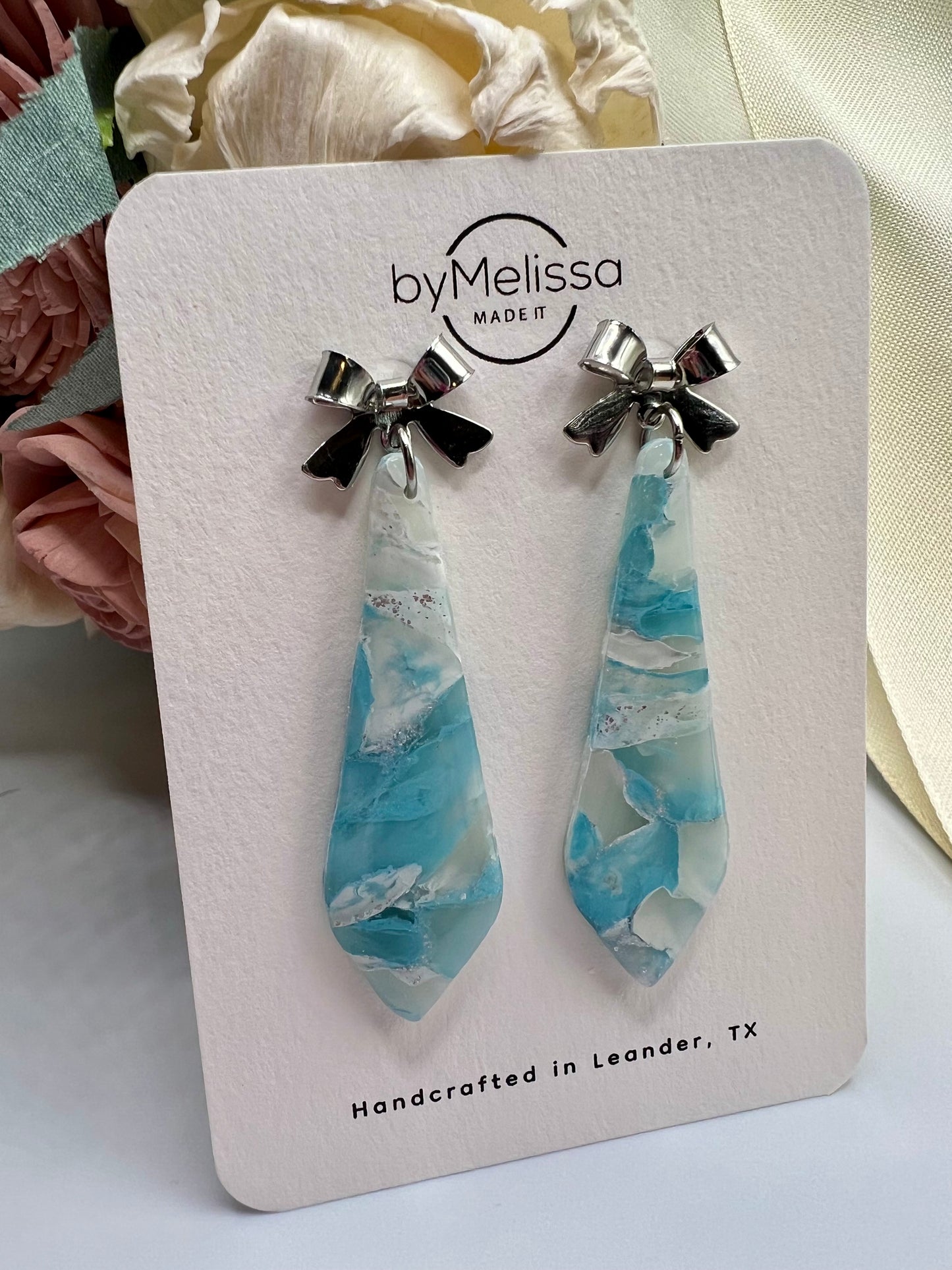 Crystal Blue and White Skinny Small Elongated Kite Drop Earrings with Silver Bows