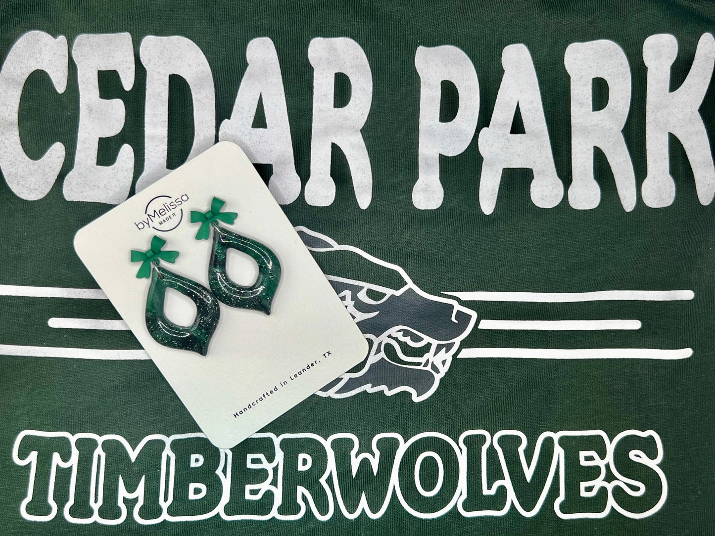 Cedar Park High School earrings, green and black CPHS spirit jewelry, Timberwolves game day accessory