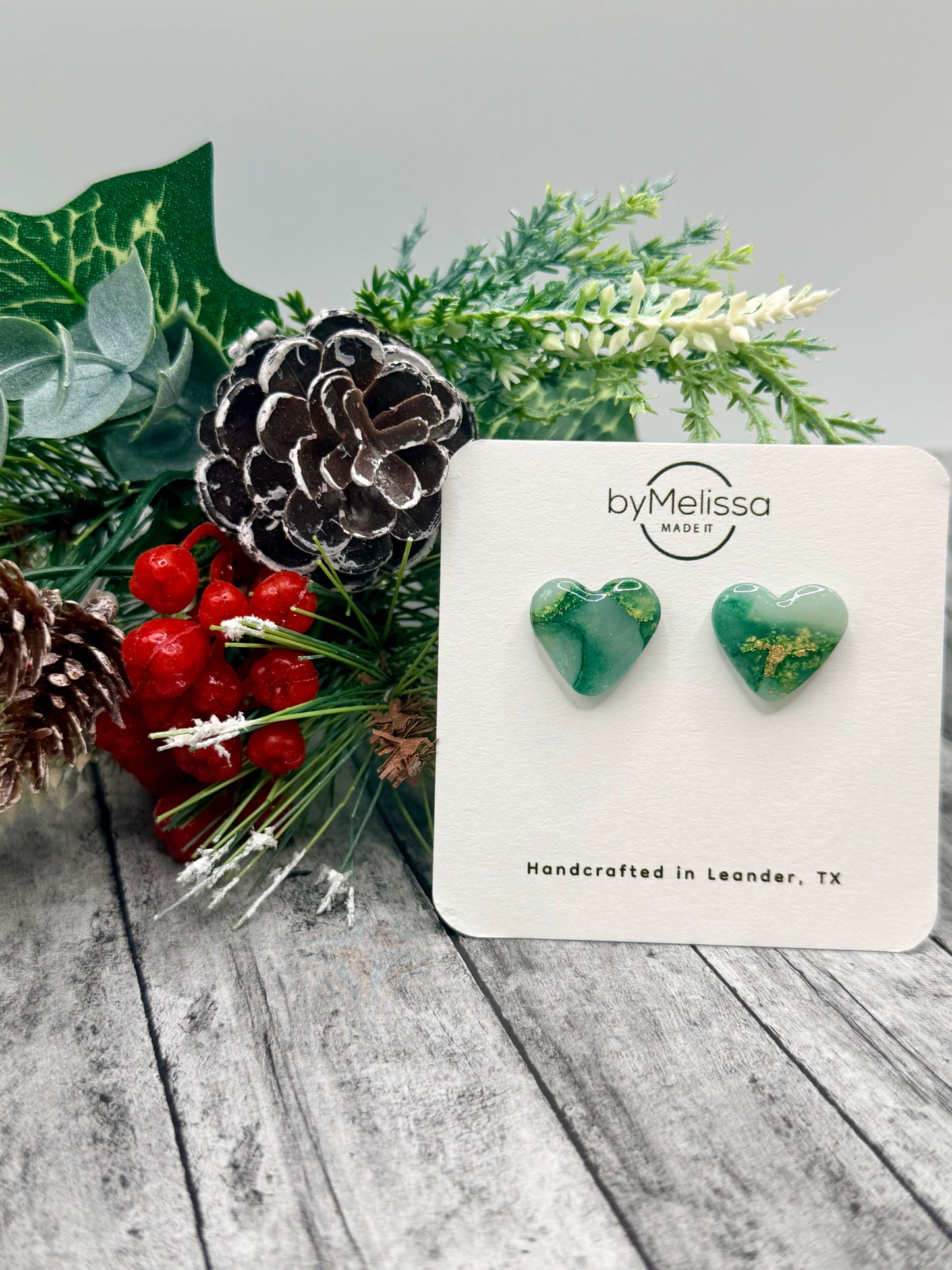 Green and Gold Heart Stud Earrings