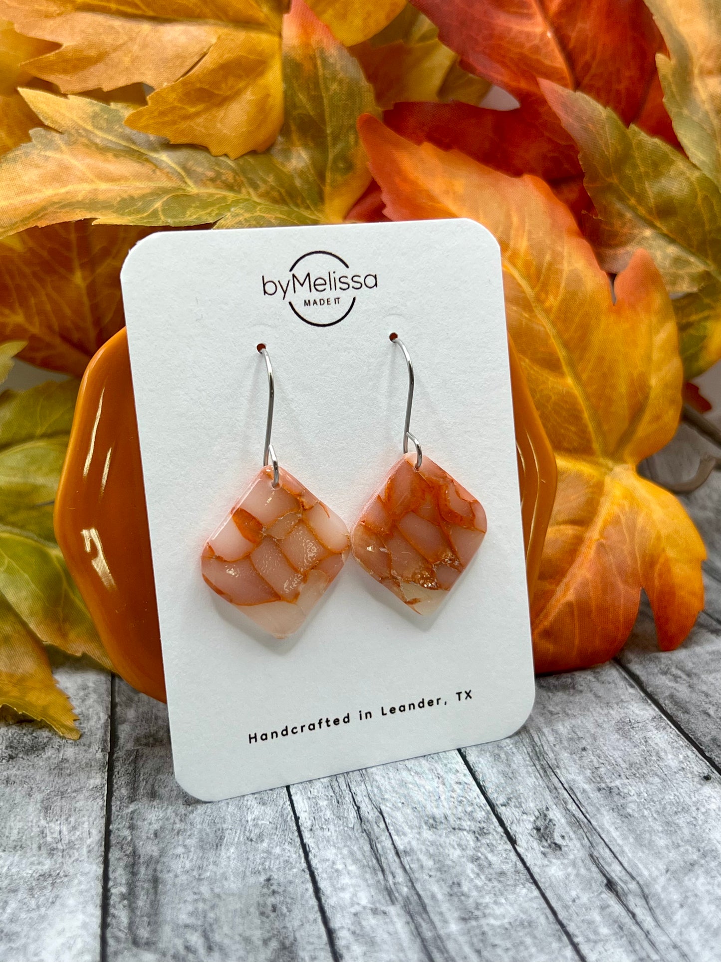 Orange and White Small Rounded Square Drop Earrings in Silver