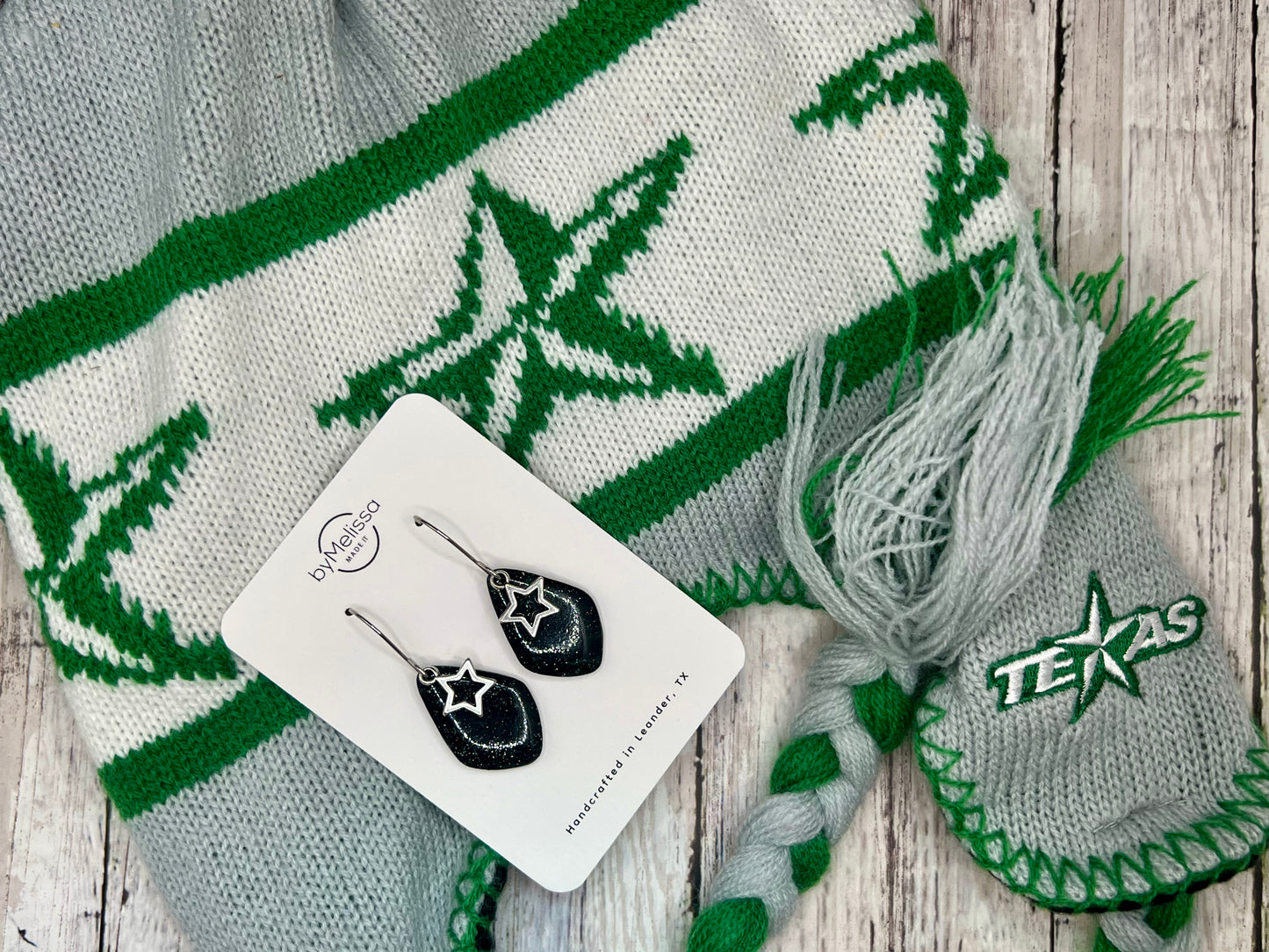 Forest Green and Black Small Kite Drop Earrings in Silver with Star Charm