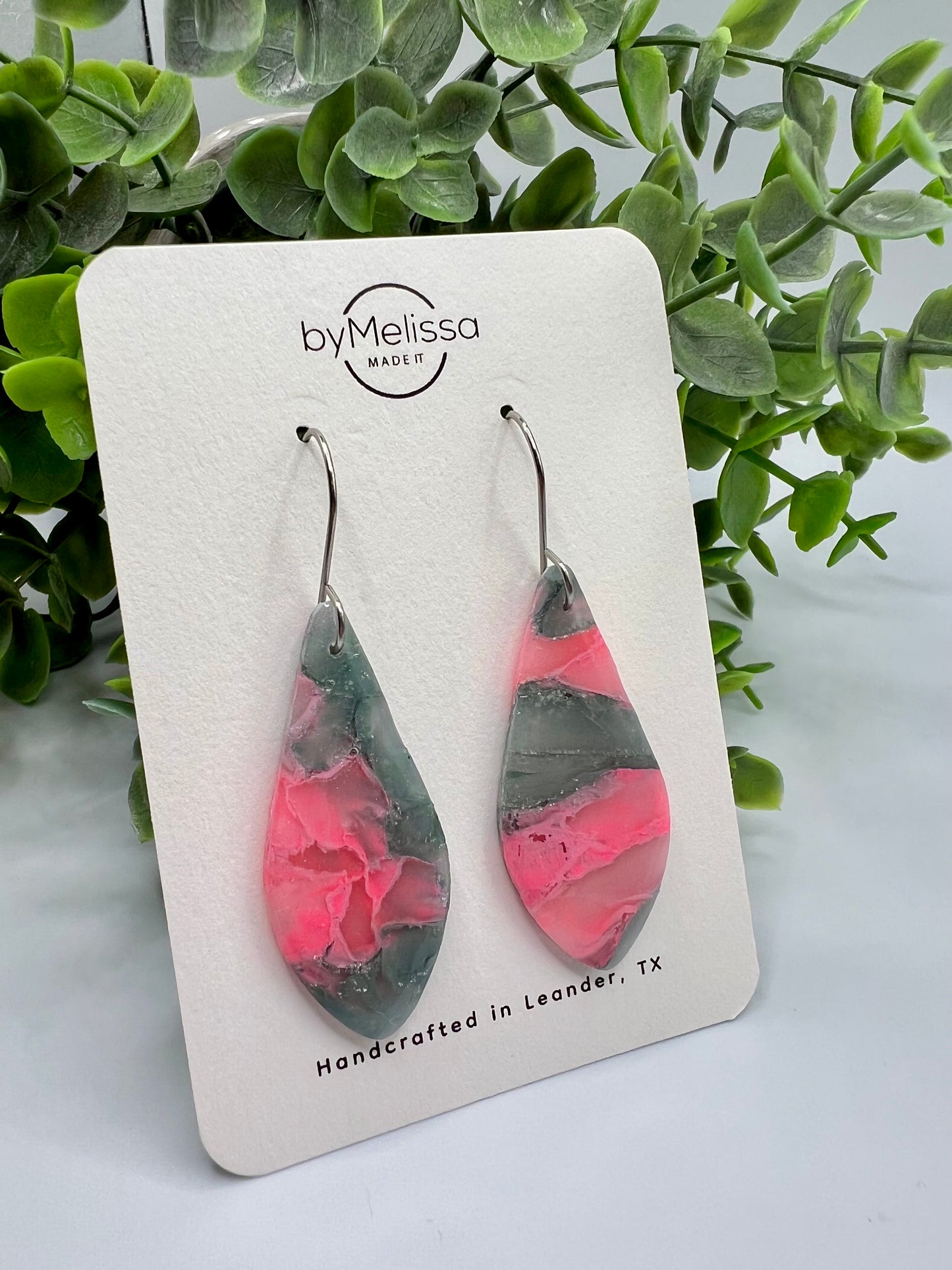 Pink and Green Small Elongated Kite Drop Earrings in Silver