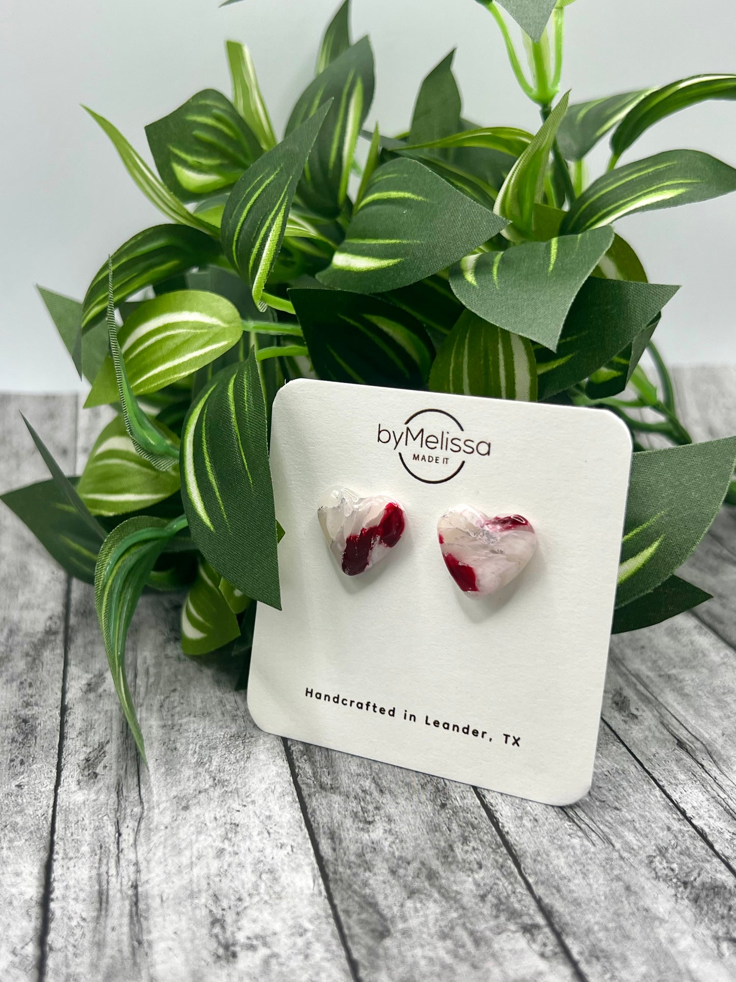Maroon and White Heart Stud Earrings