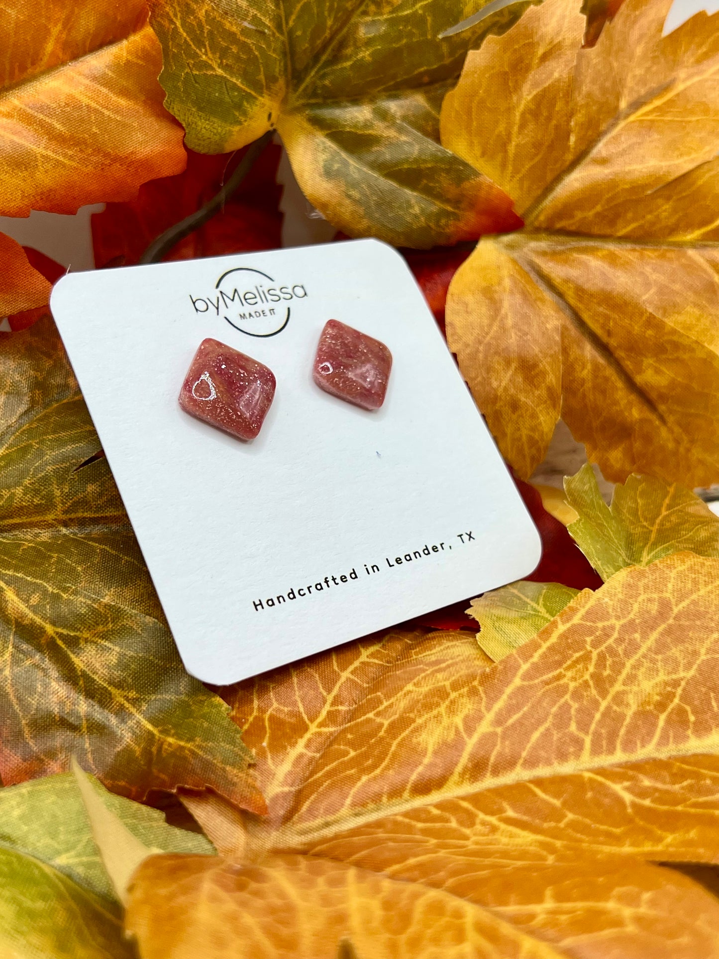 Maroon and Mustard Rounded Square Stud Earrings