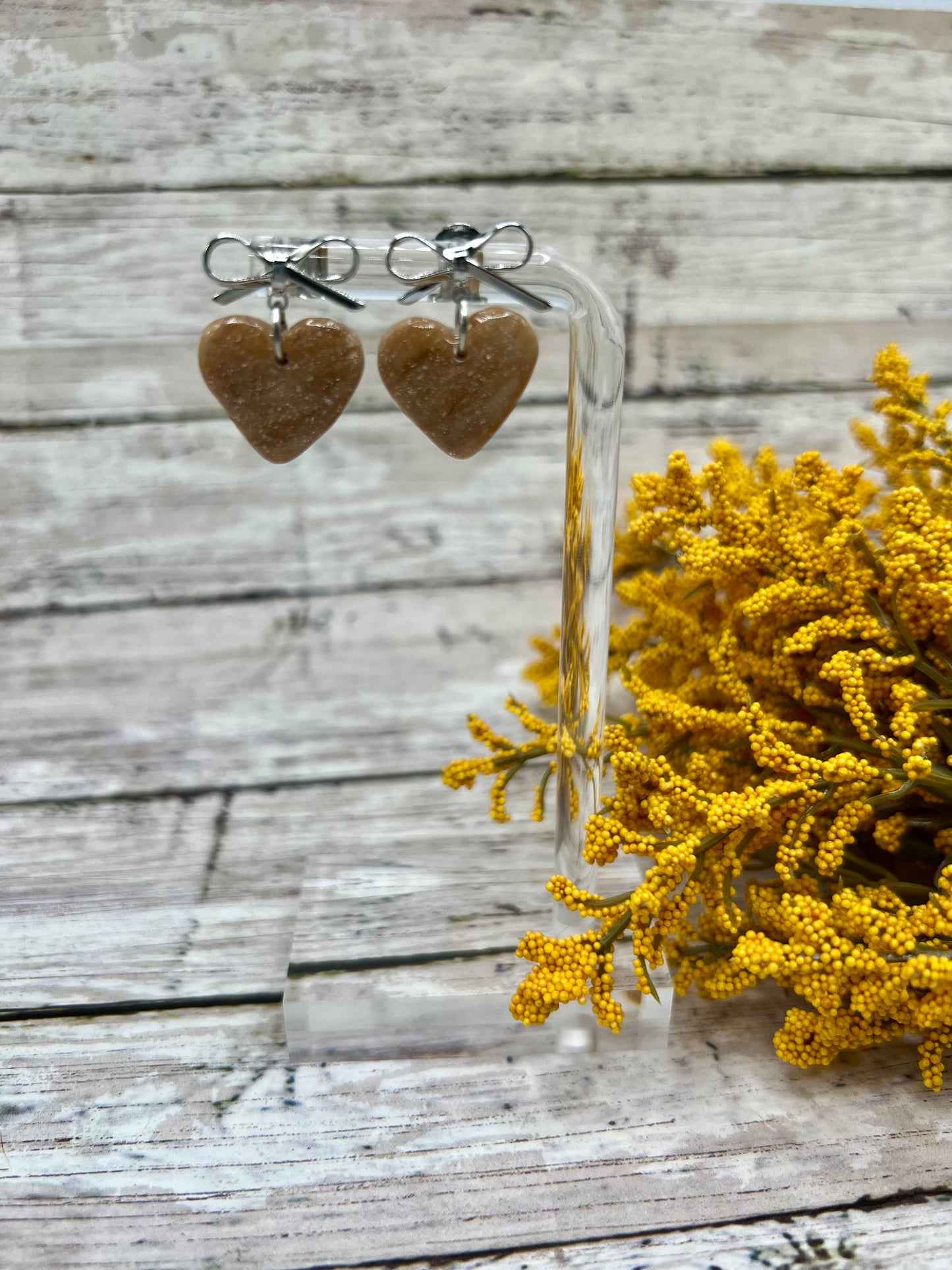 Mocha and Almond Heart Bowknot Earrings in Silver