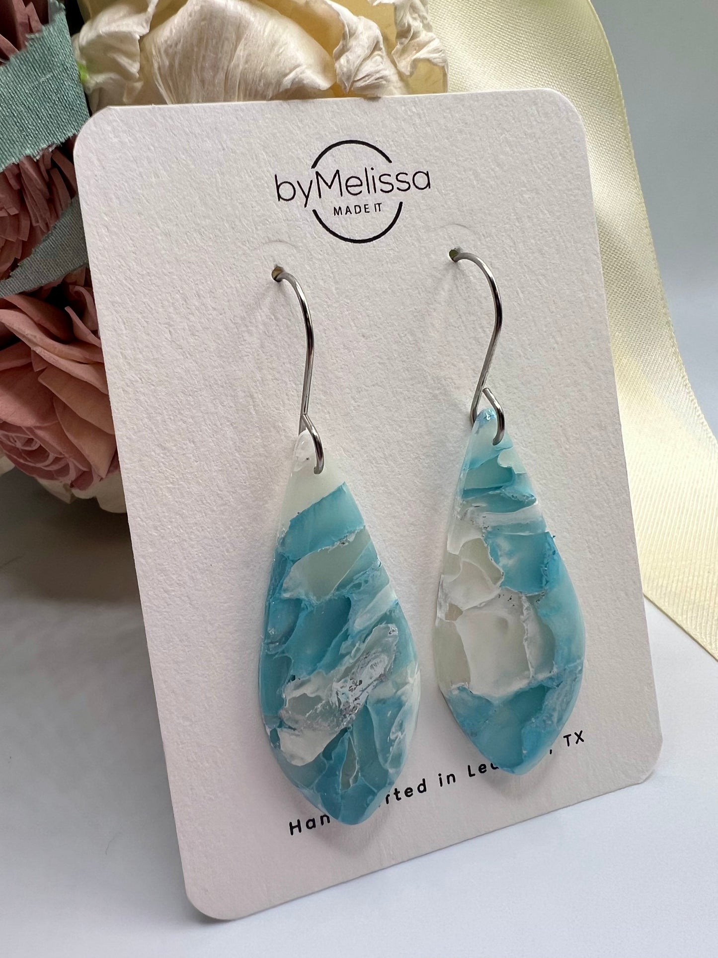 Crystal Blue and White Small Elongated Kite Drop Earrings in Silver