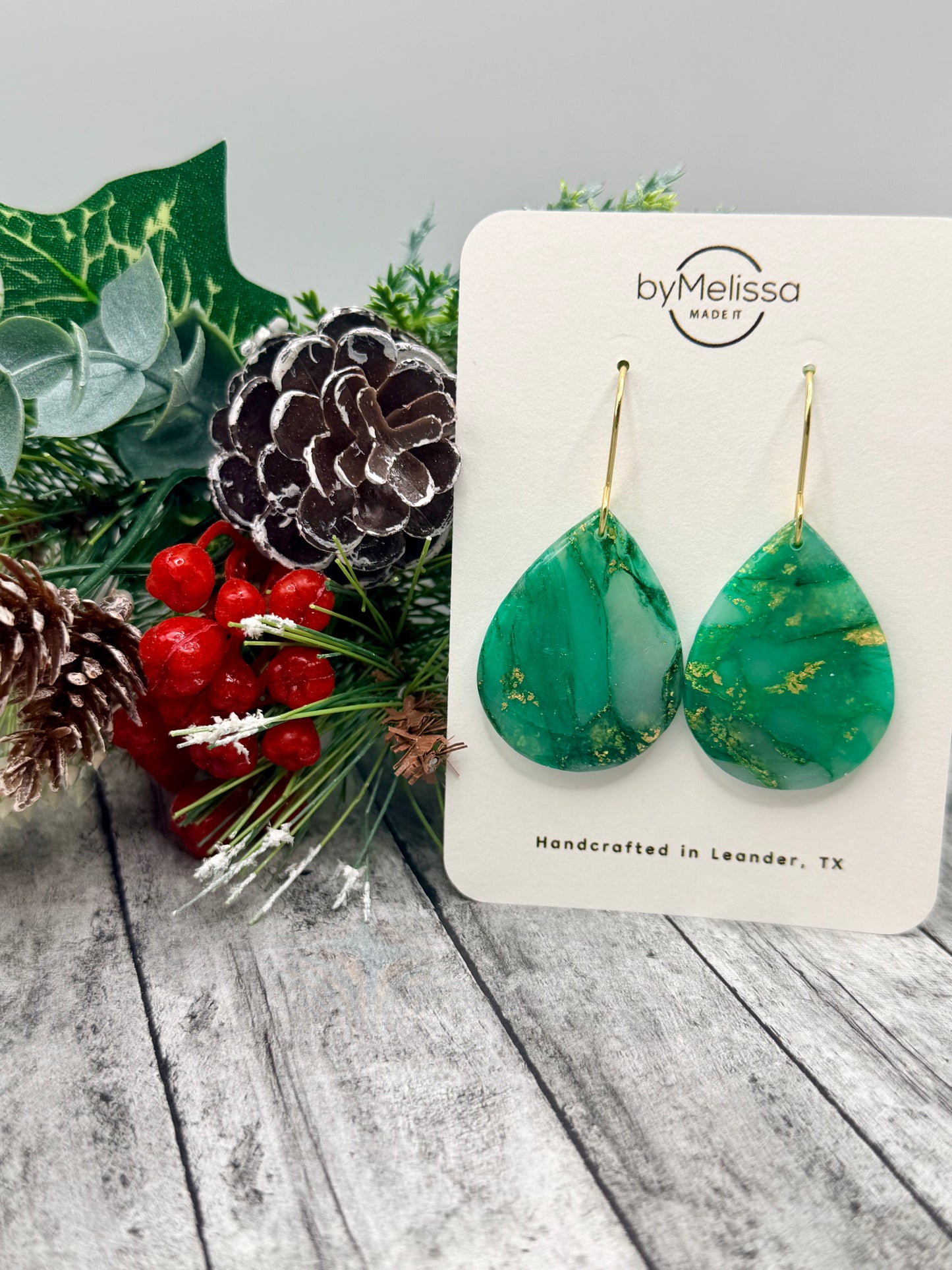 Green and Gold Small Wide Teardrop Drop Earrings