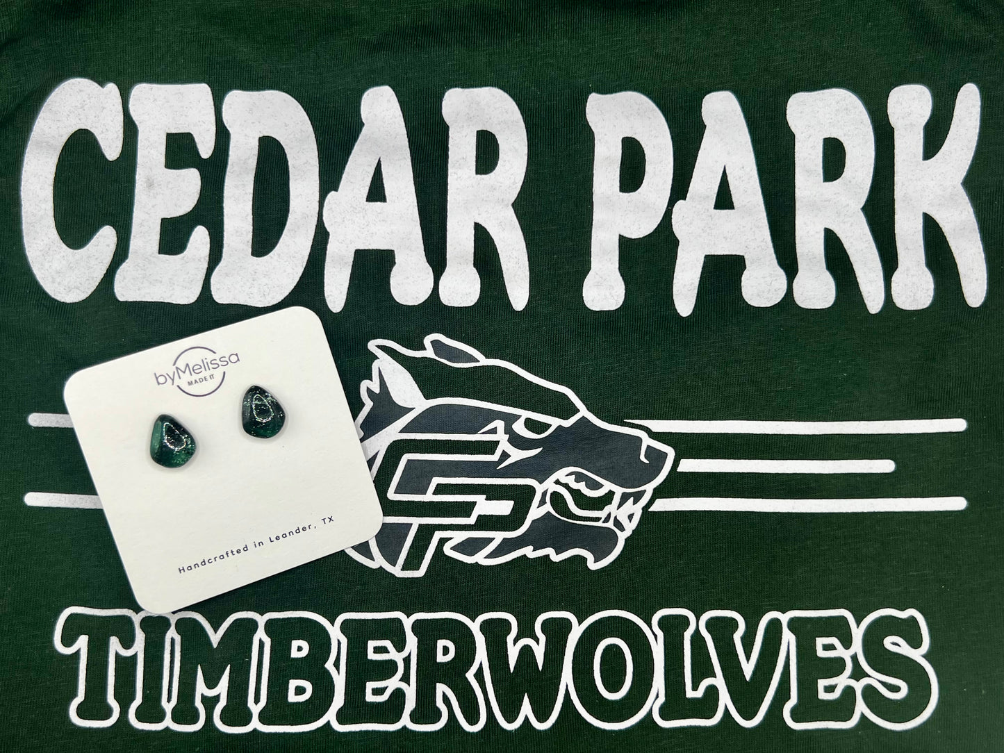 Cedar Park High School earrings, green and black CPHS spirit jewelry, Timberwolves game day accessory