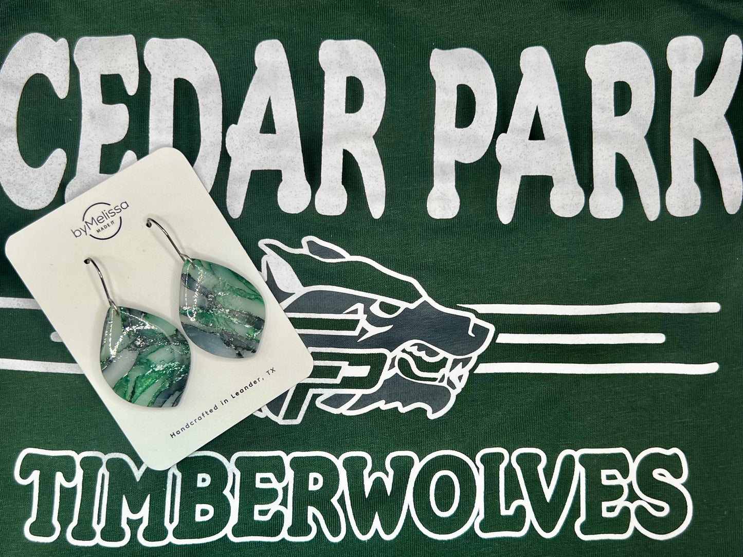 Cedar Park High School earrings, green and black CPHS spirit jewelry, Timberwolves game day accessory