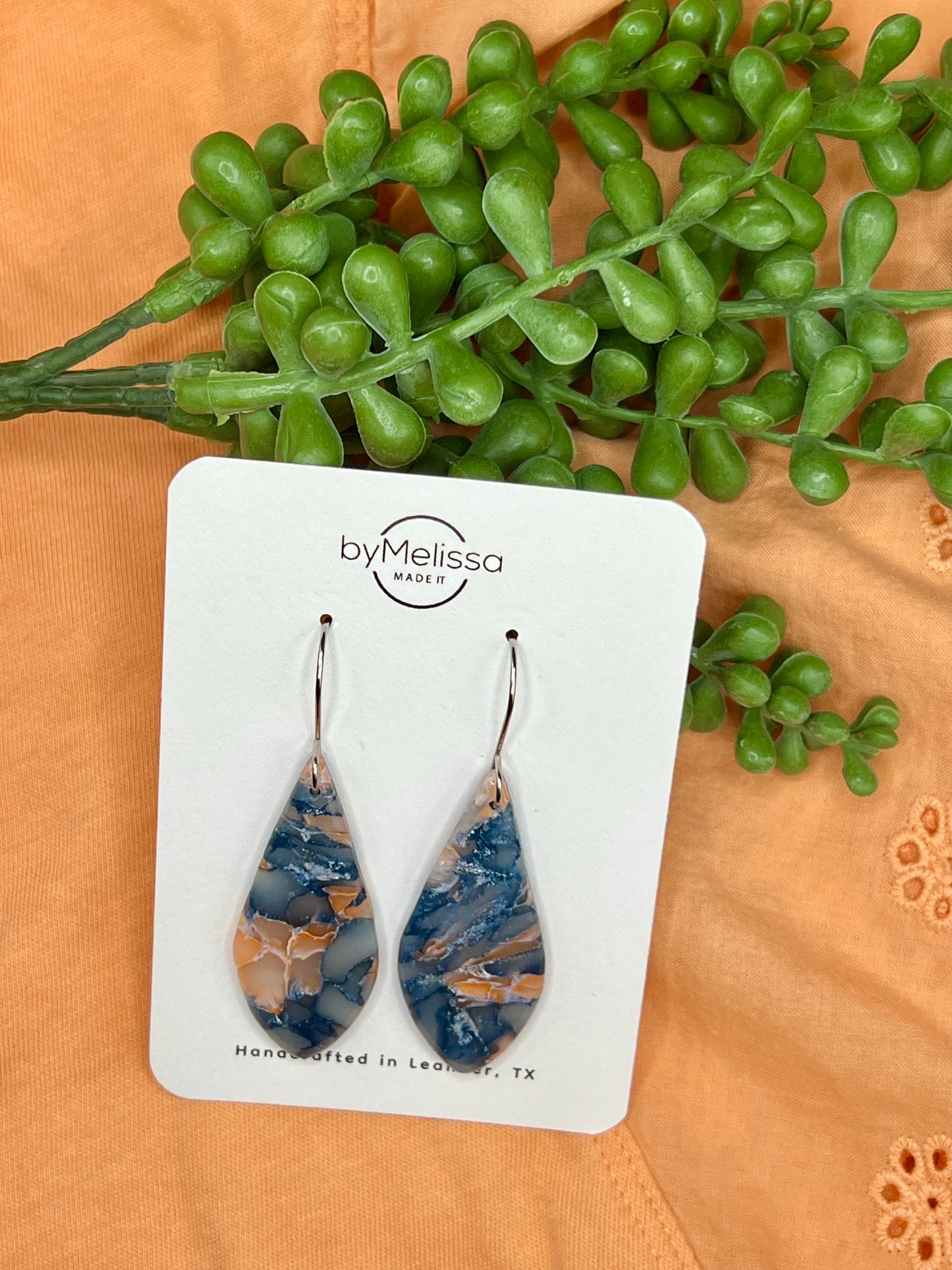 Navy and Peach Small Elongated Kite Drop Earrings in Silver