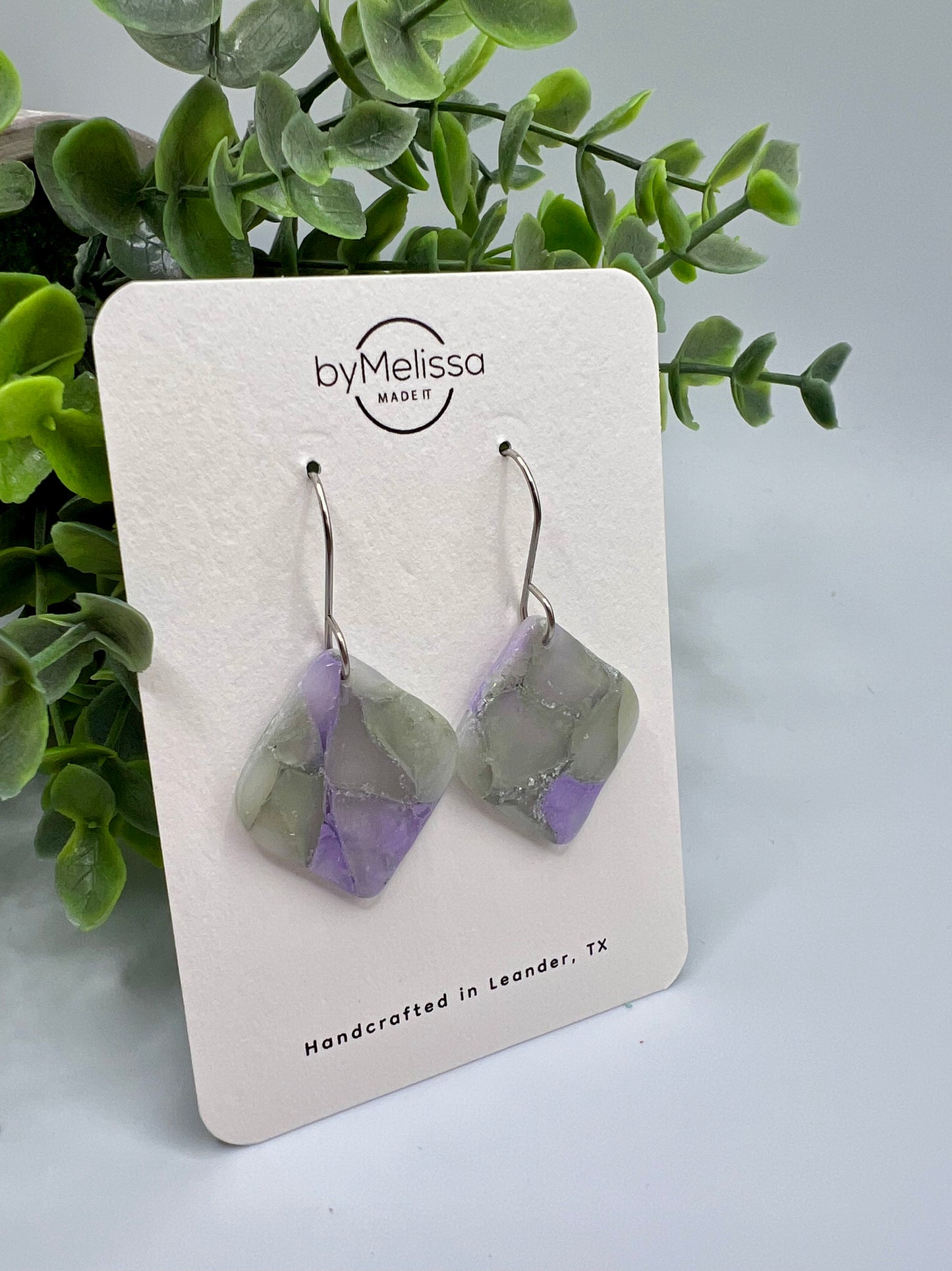Purple and Green Small Rounded Square Drop Earrings in Silver