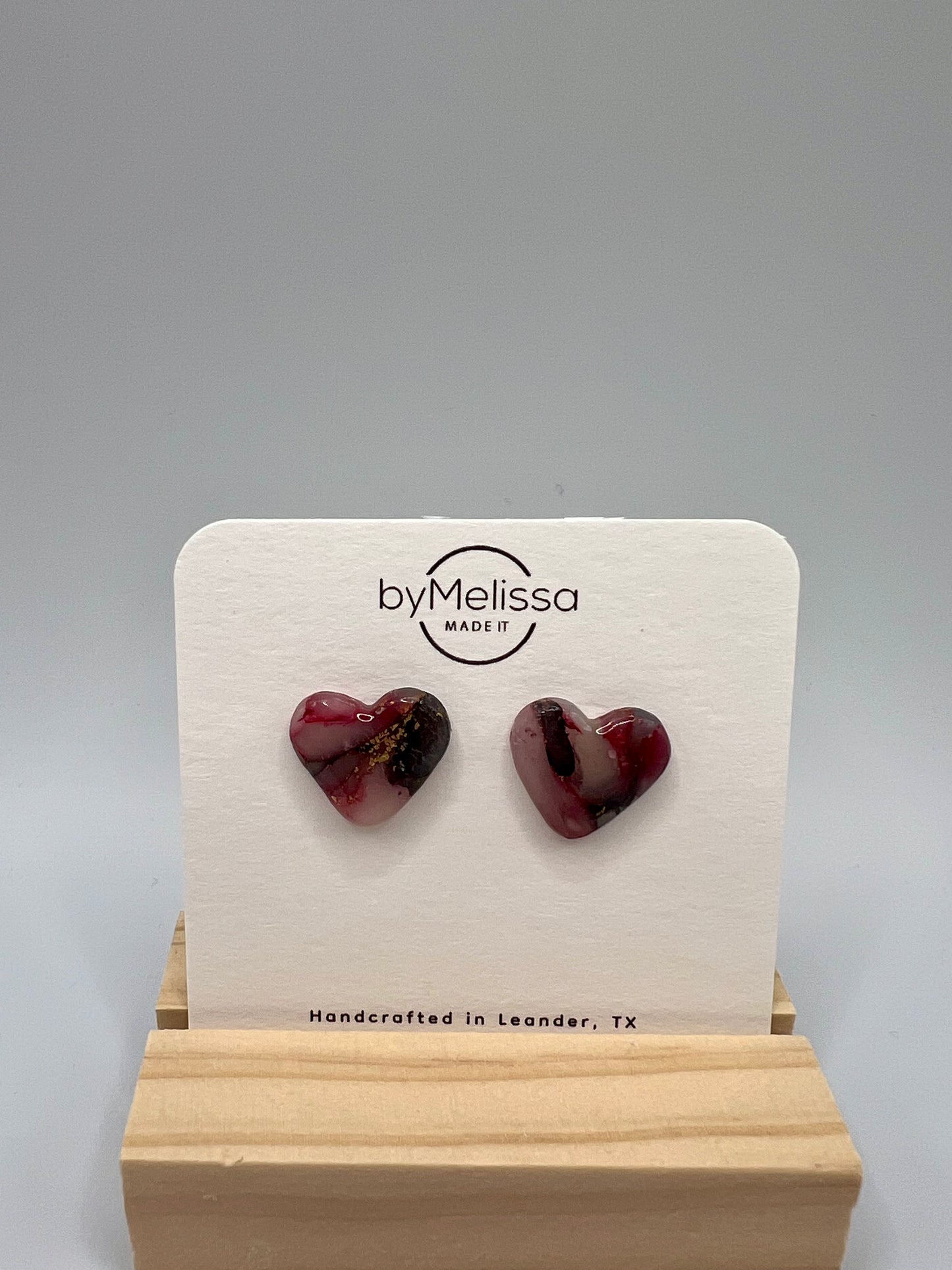 Maroon and Black Marbled Heart Stud Earrings