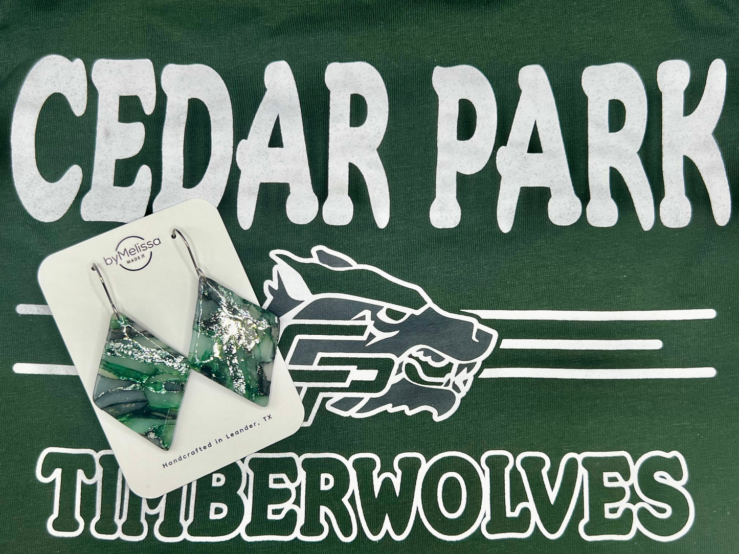 Cedar Park High School earrings, green and black CPHS spirit jewelry, Timberwolves game day accessory