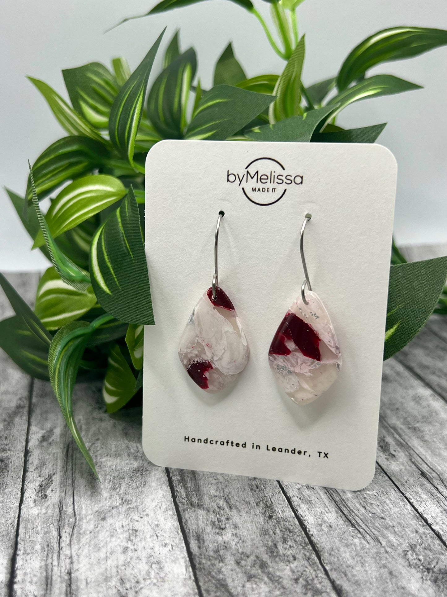 Maroon and White Small Kite Drop Earrings in Silver
