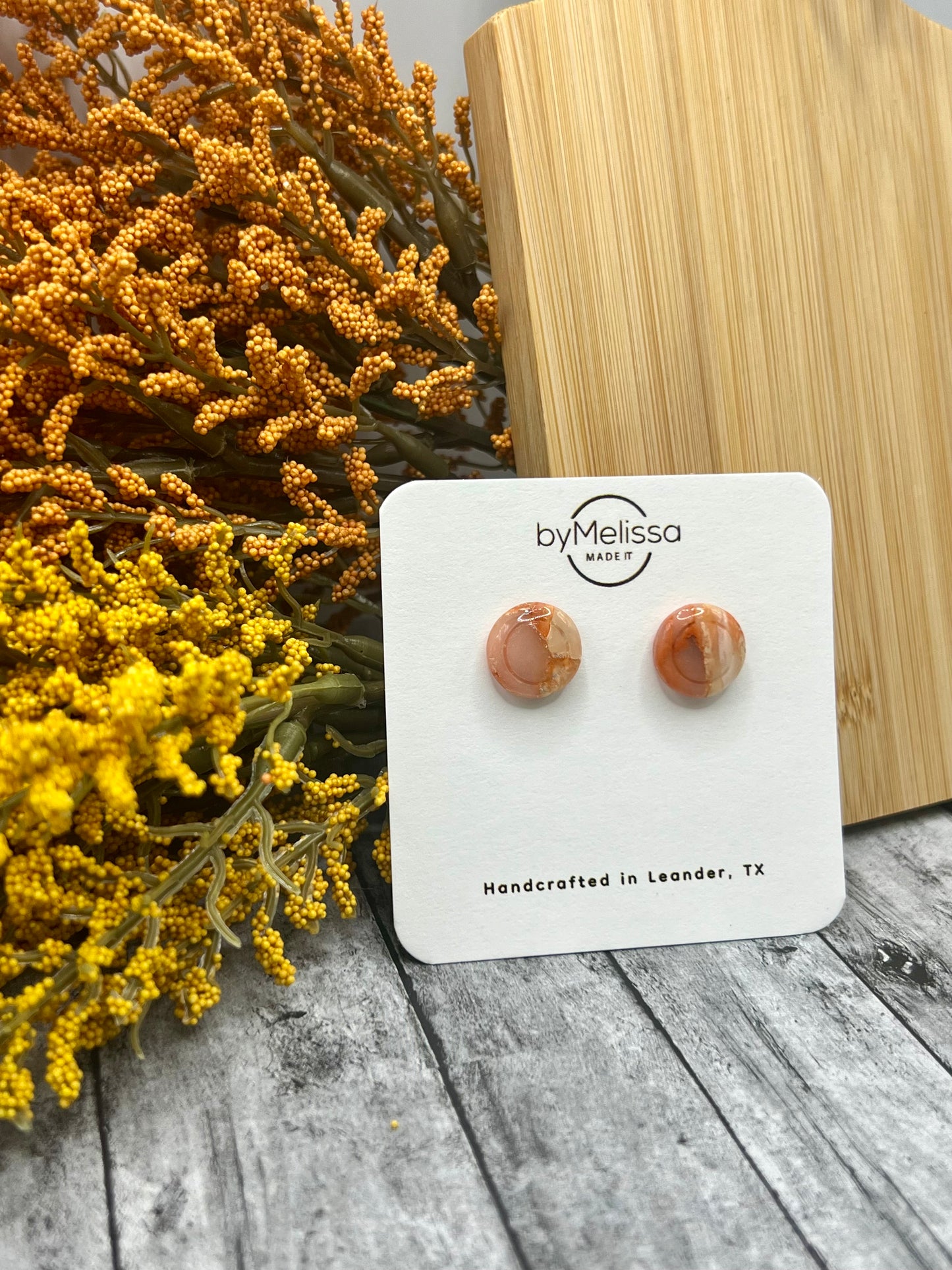 Orange and White Small Embedded Circle Stud Earrings