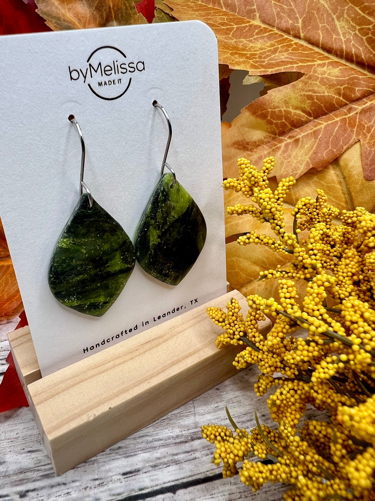 Citrus Green and Black Small Wide Leaf Drop Earrings in Silver