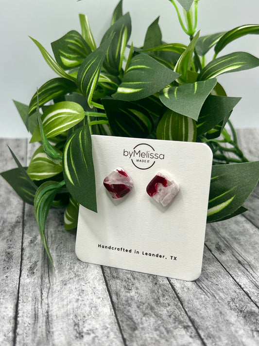 Maroon and White Rounded Square Stud Earrings