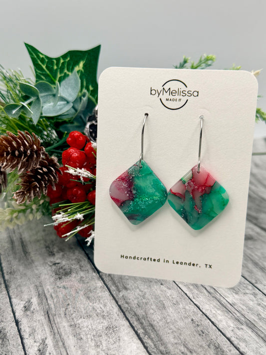 Red and Green Small Rounded Square Drop Earrings in Silver