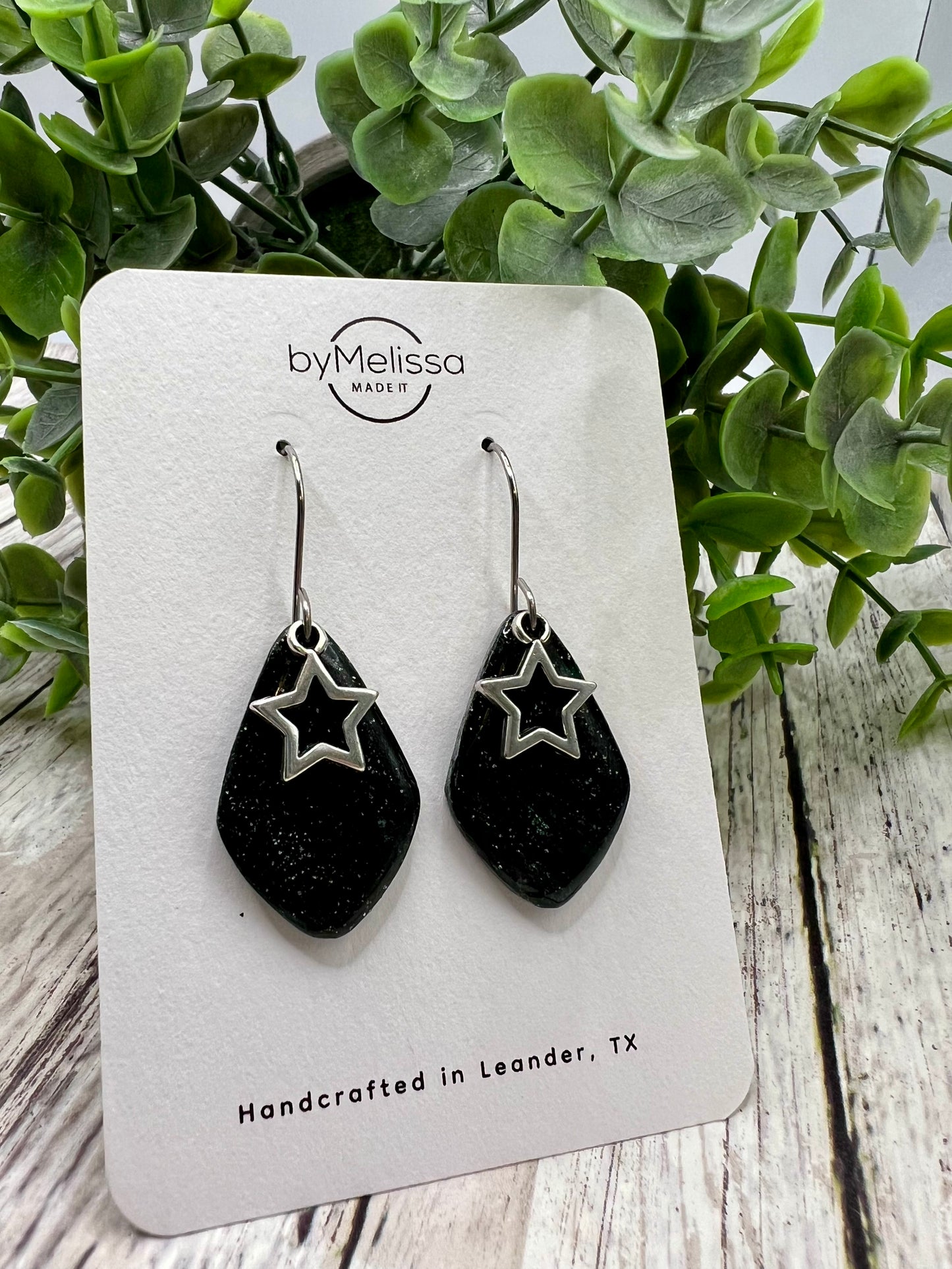 Forest Green and Black Small Kite Drop Earrings in Silver with Star Charm