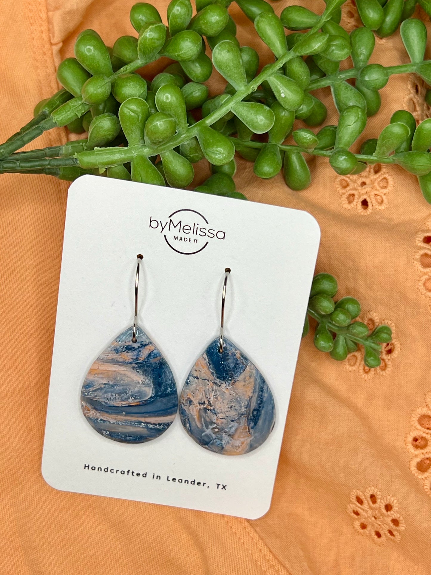 Navy and Peach Small Wide Teardrop Drop Earrings in Silver