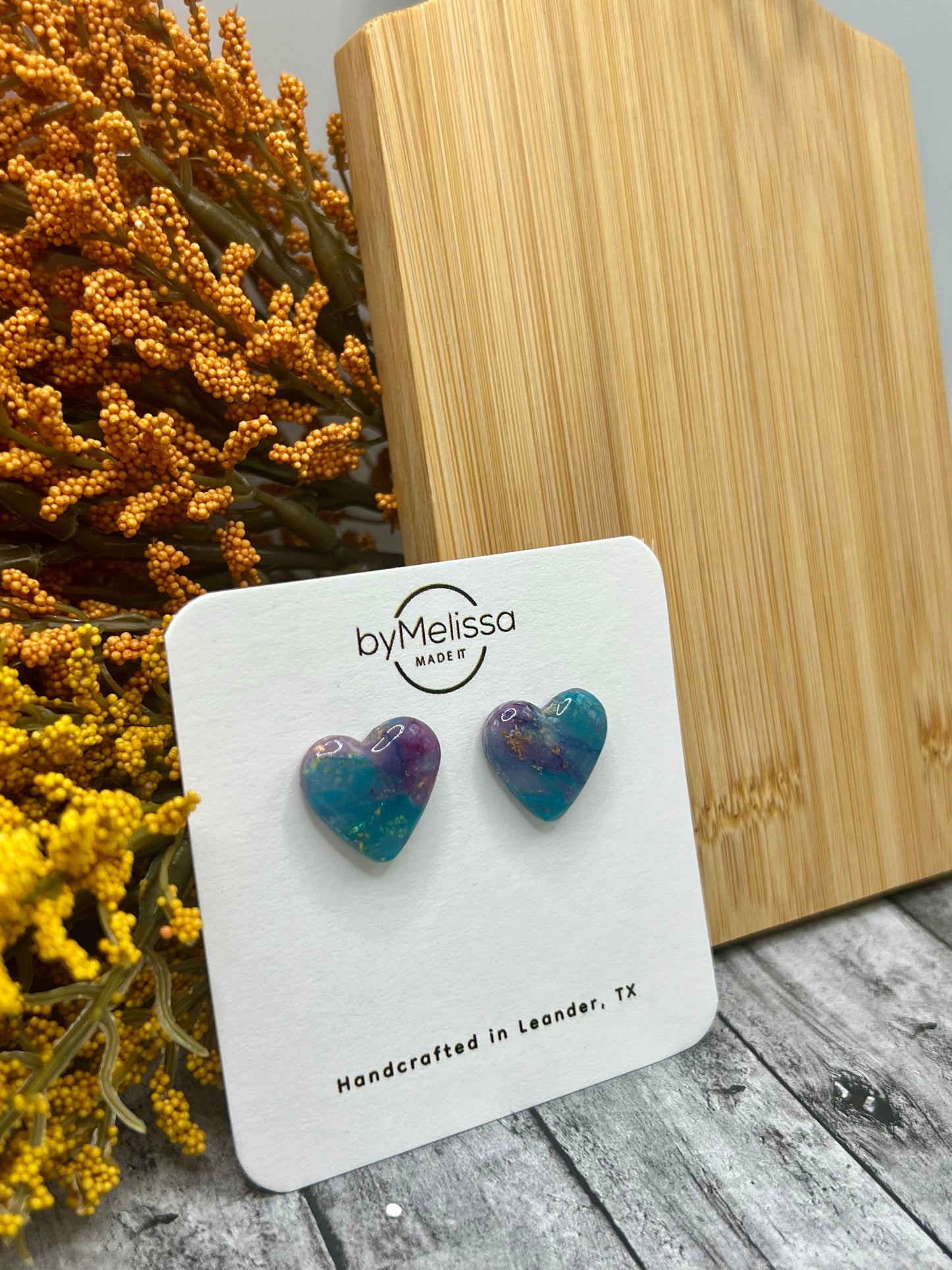 Teal and Plum Heart Stud Earrings