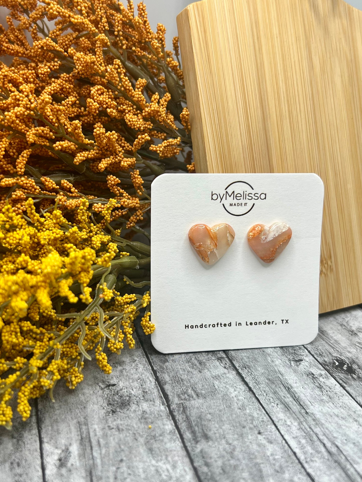 Orange and White Heart Stud Earrings