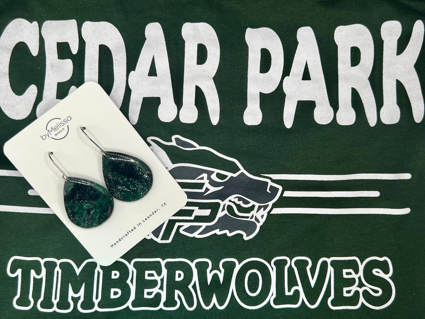 Cedar Park High School earrings, green and black CPHS spirit jewelry, Timberwolves game day accessory