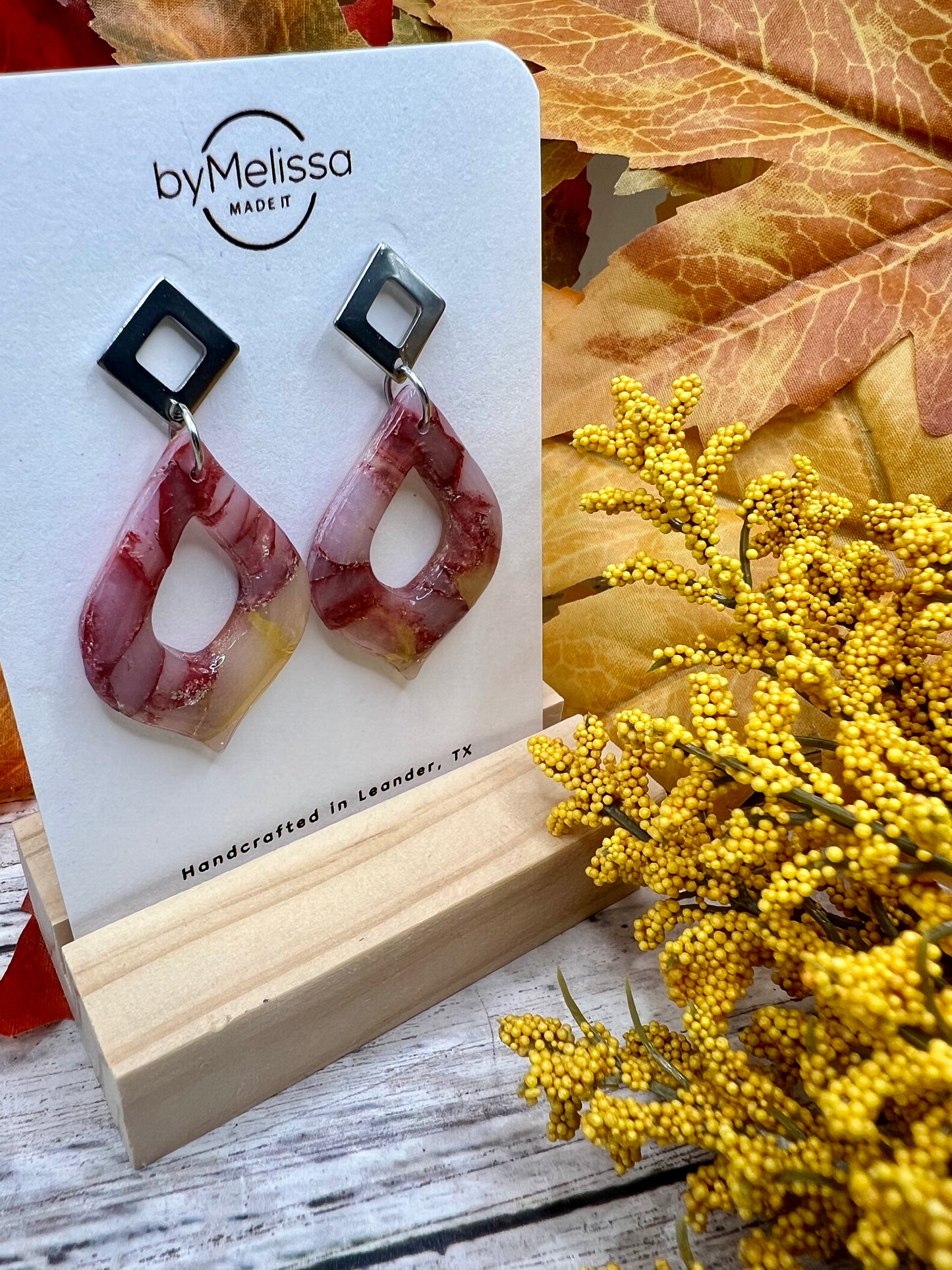 Maroon and Mustard Flame Drop with Open Silver Diamond Studs