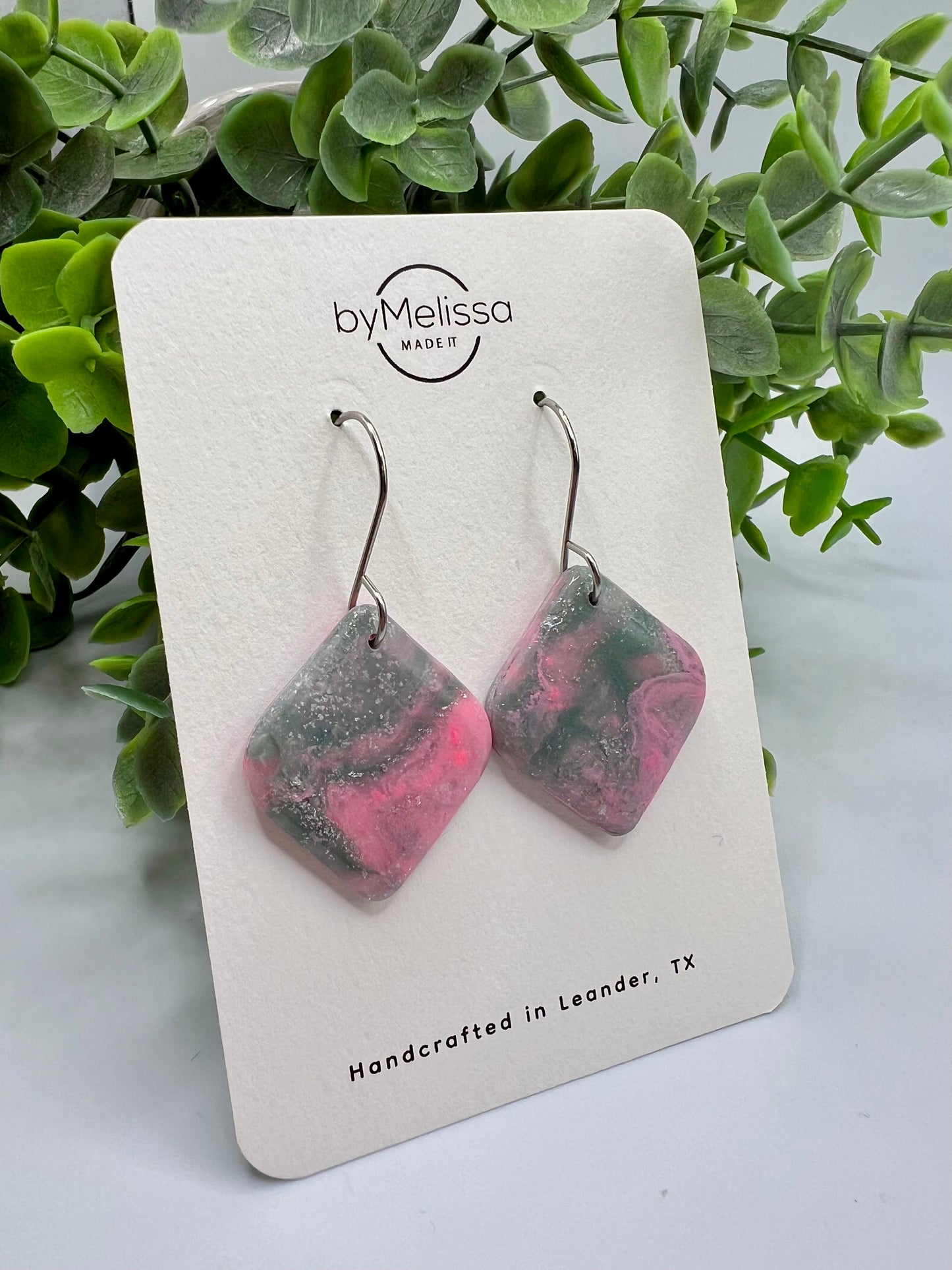 Pink and Green Small Rounded Square Drop Earrings in Silver
