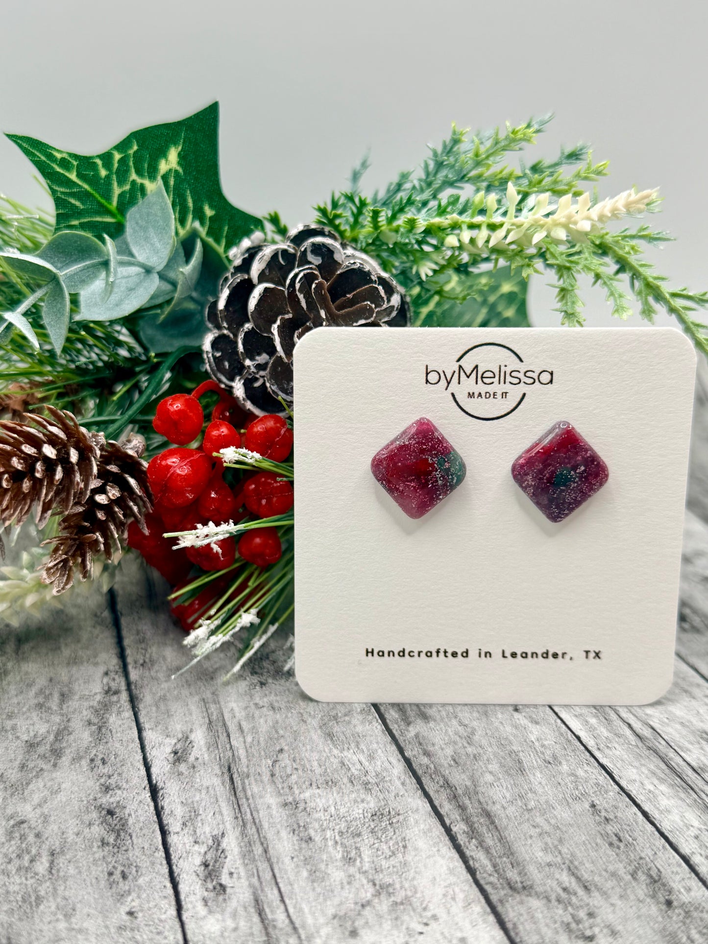 Red and Green Rounded Square Stud Earrings