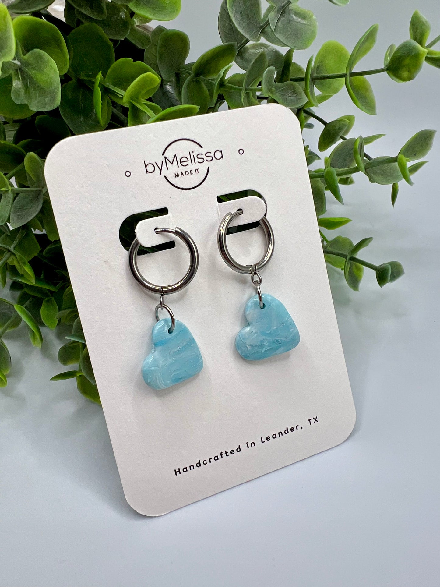 Crystal Blue and White Heart Huggie Hoop Earrings
