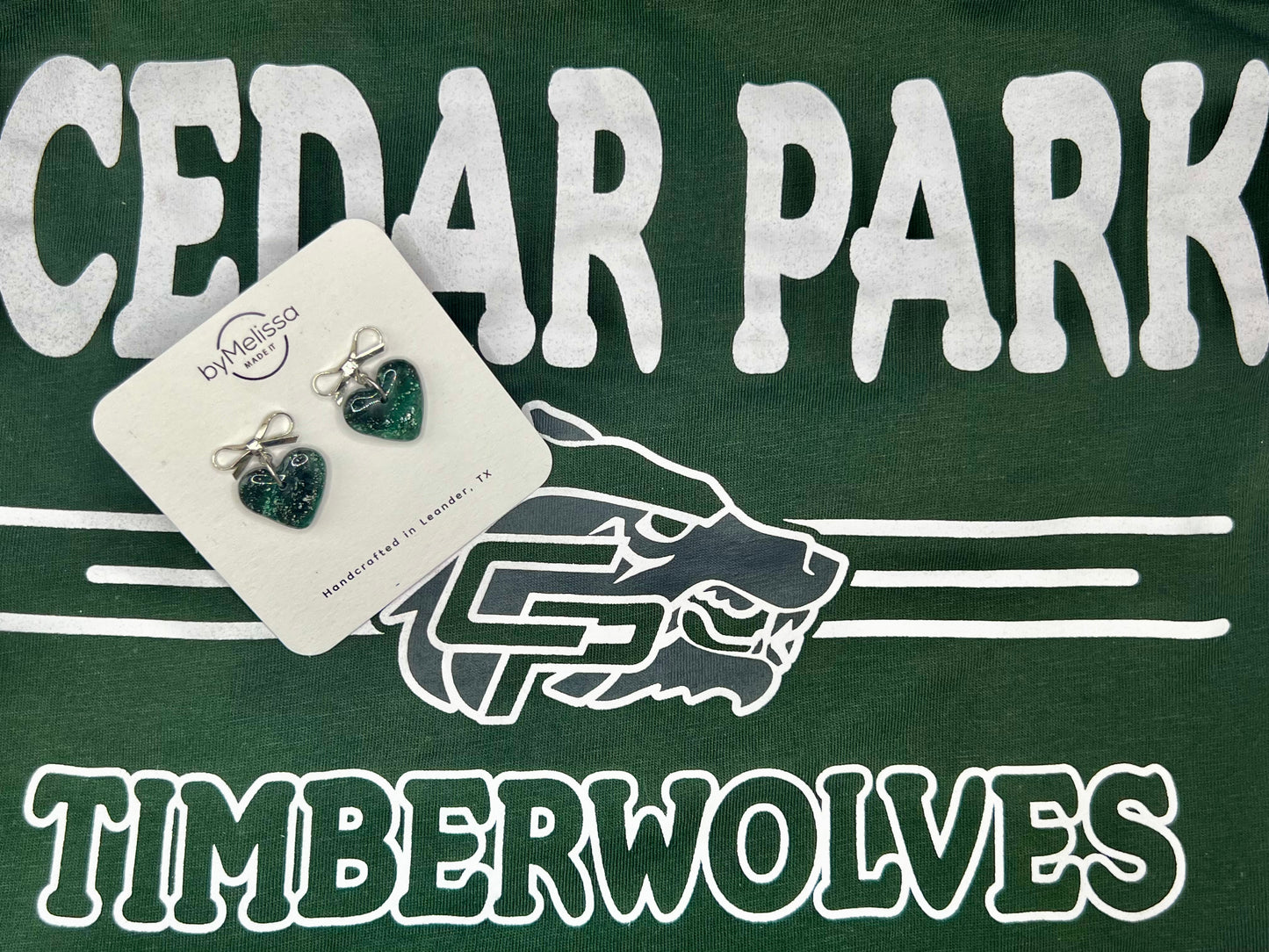 Cedar Park High School earrings, green and black CPHS spirit jewelry, Timberwolves game day accessory